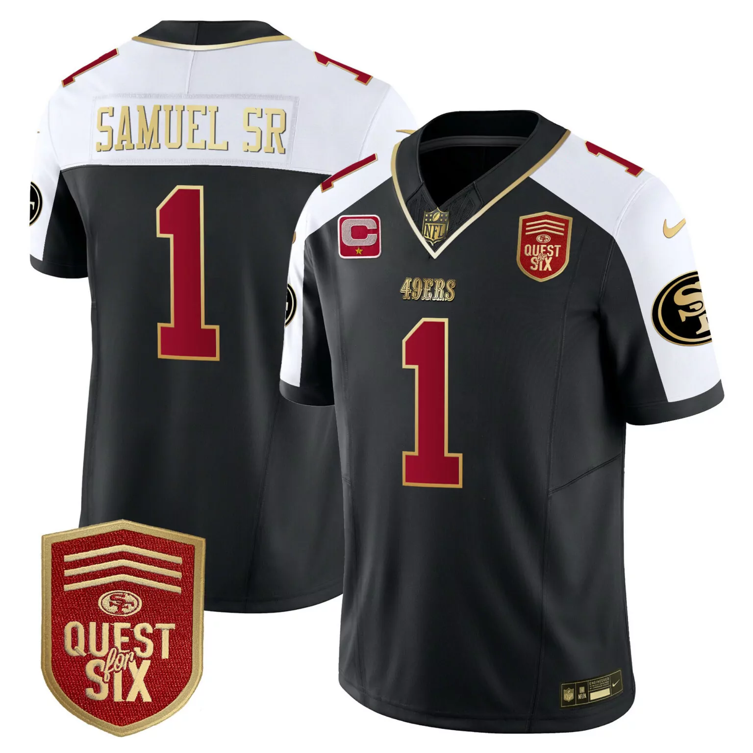 Deebo Samuel 1 49ERS Jersey Black Quest Six Men Split Design White Gold Red Alternate
