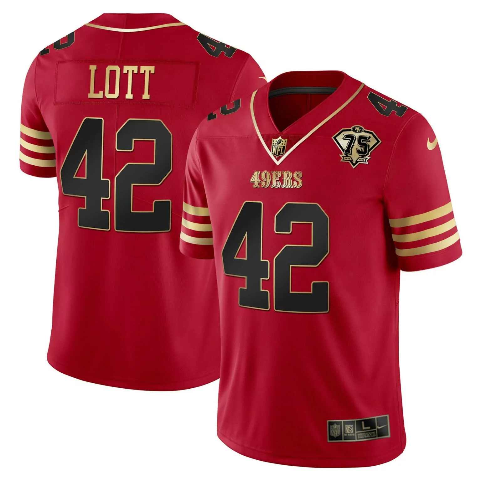 Ronnie Lott 42 49ERS Jersey Red 75TH Anniversary Men Black Gold Vapor Collection