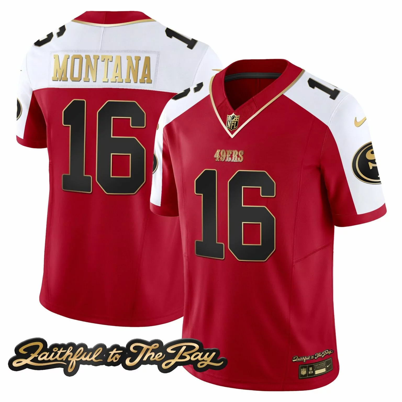 Joe Montana 16 49ERS Jersey Red Faithful To The Bay Men Player White Black Gold Alternate