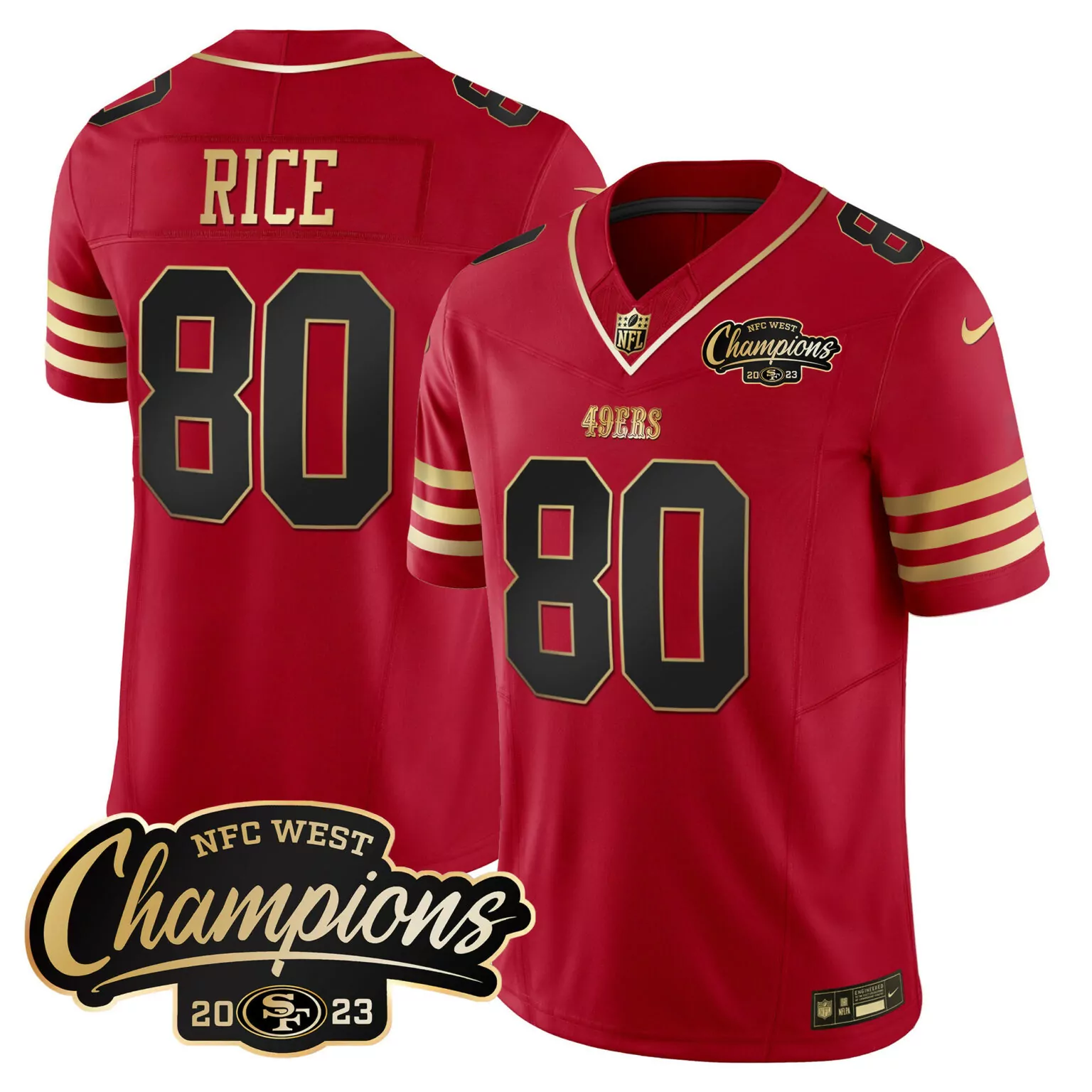 Jerry Rice 80 49ers Jersey Red NFC West Champions 2023 Men Gold All Stitched