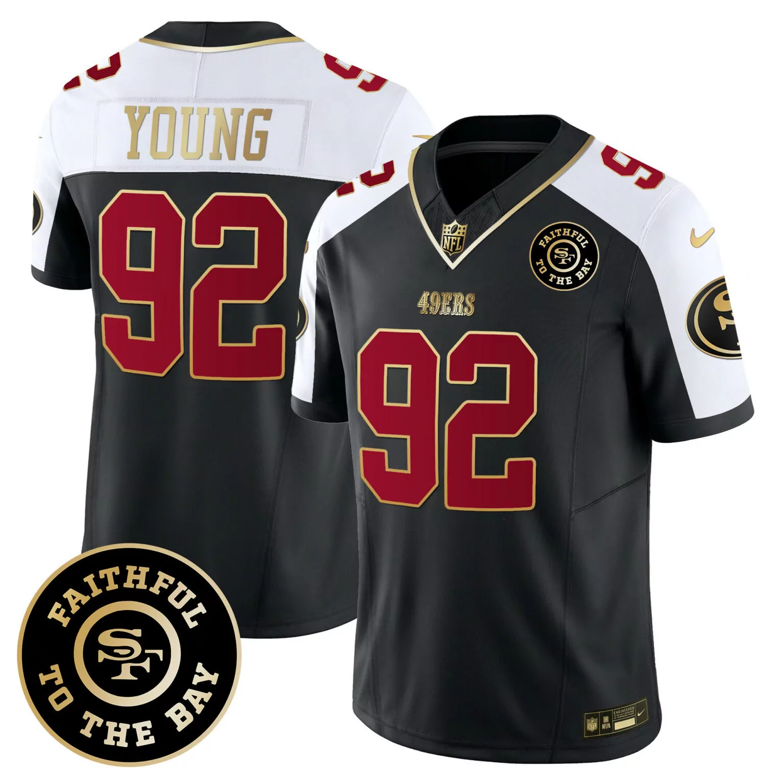 Chase Young 92 49ERS Jersey Black Faithful To The Bay 2023 Men Player Alternate Split Design