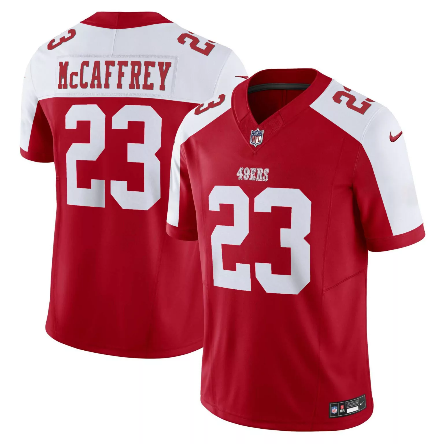 Christian Mccaffrey 23 49ERS Jersey Red Men Short Sleeve White Alternate All Stitched