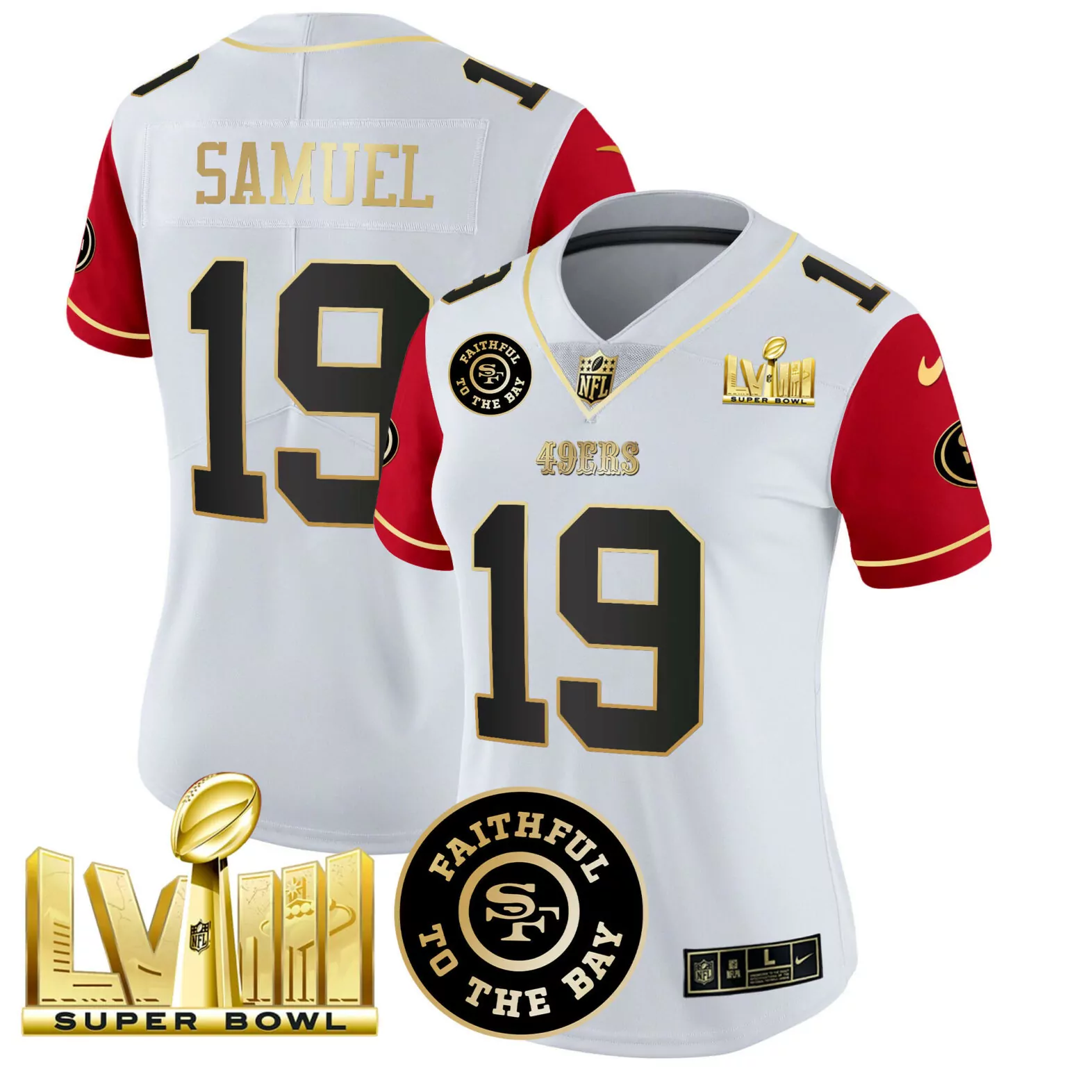 Deebo Samuel 19 49ERS Jersey White Super Bowl Lviii Men Authentic Red Gold v2 All
