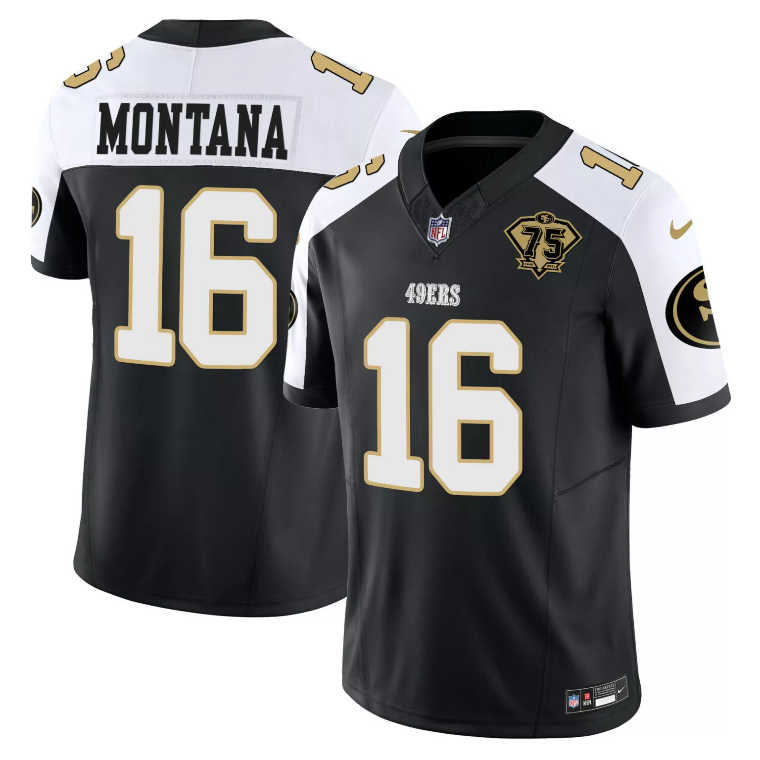 Joe Montana 16 49ERS Jersey Black 75th Anniversary Men Split Design White Gold Alternate