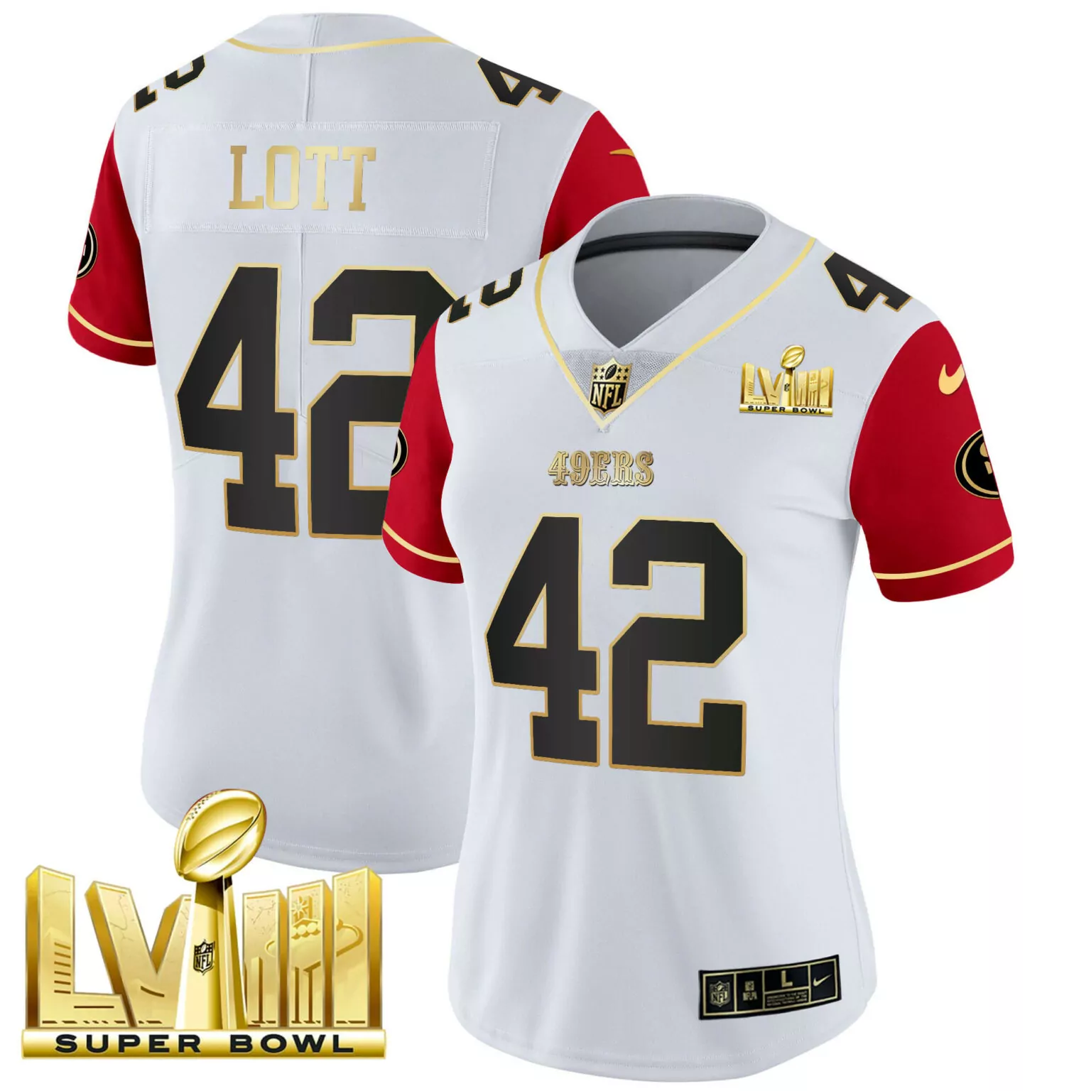 Ronnie Lott 42 49ERS Jersey White Super Bowl Lviii Men Official Red Black Gold v2