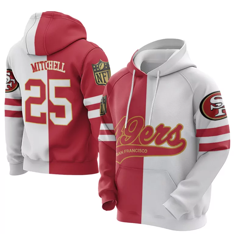 Mitchell 25 San Francisco 49ers Jersey Red Split 2023 Men Hoodie Design White Gold