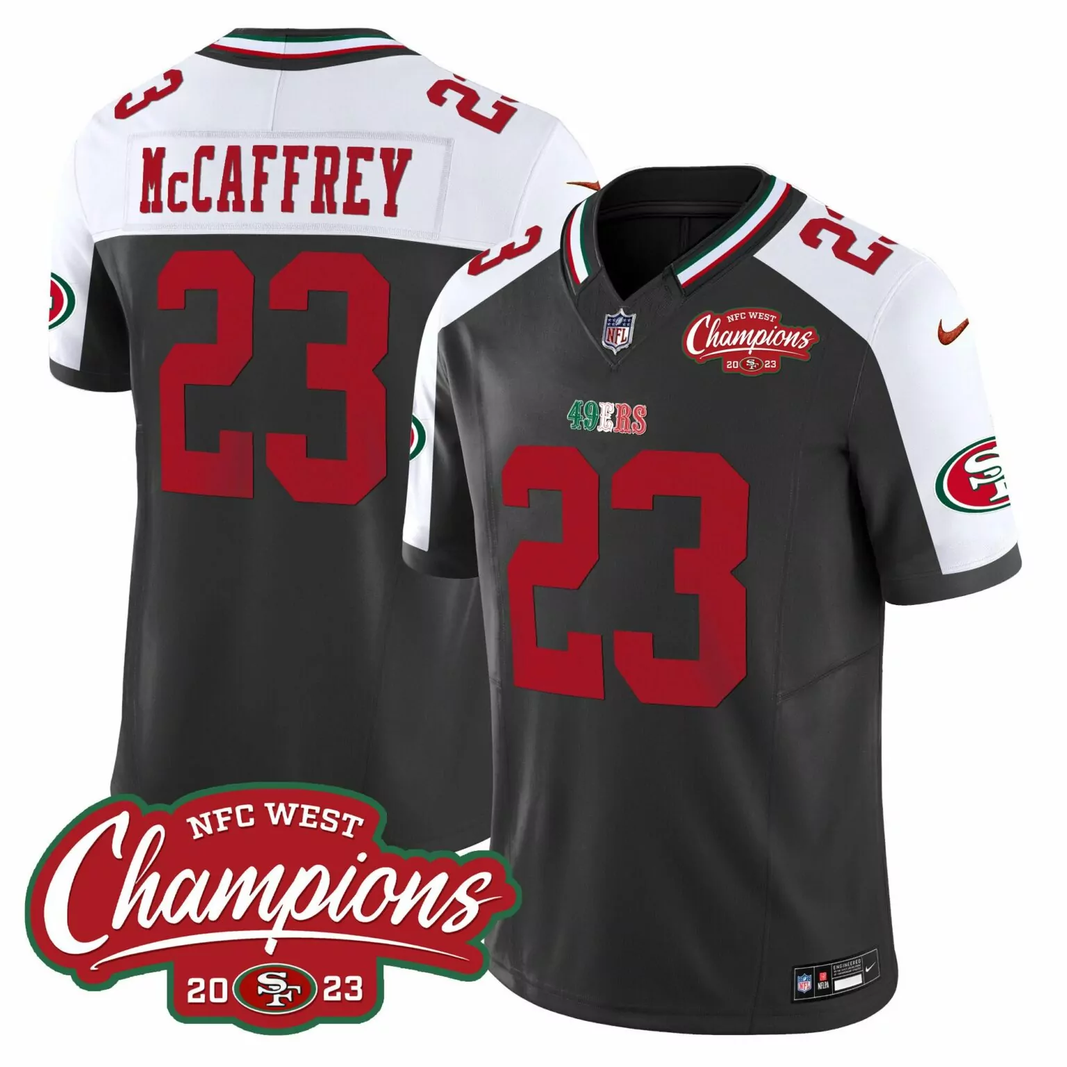 Christian Mccaffrey 23 49ERS Jersey Charcoal Men Split Design White Red Alternate