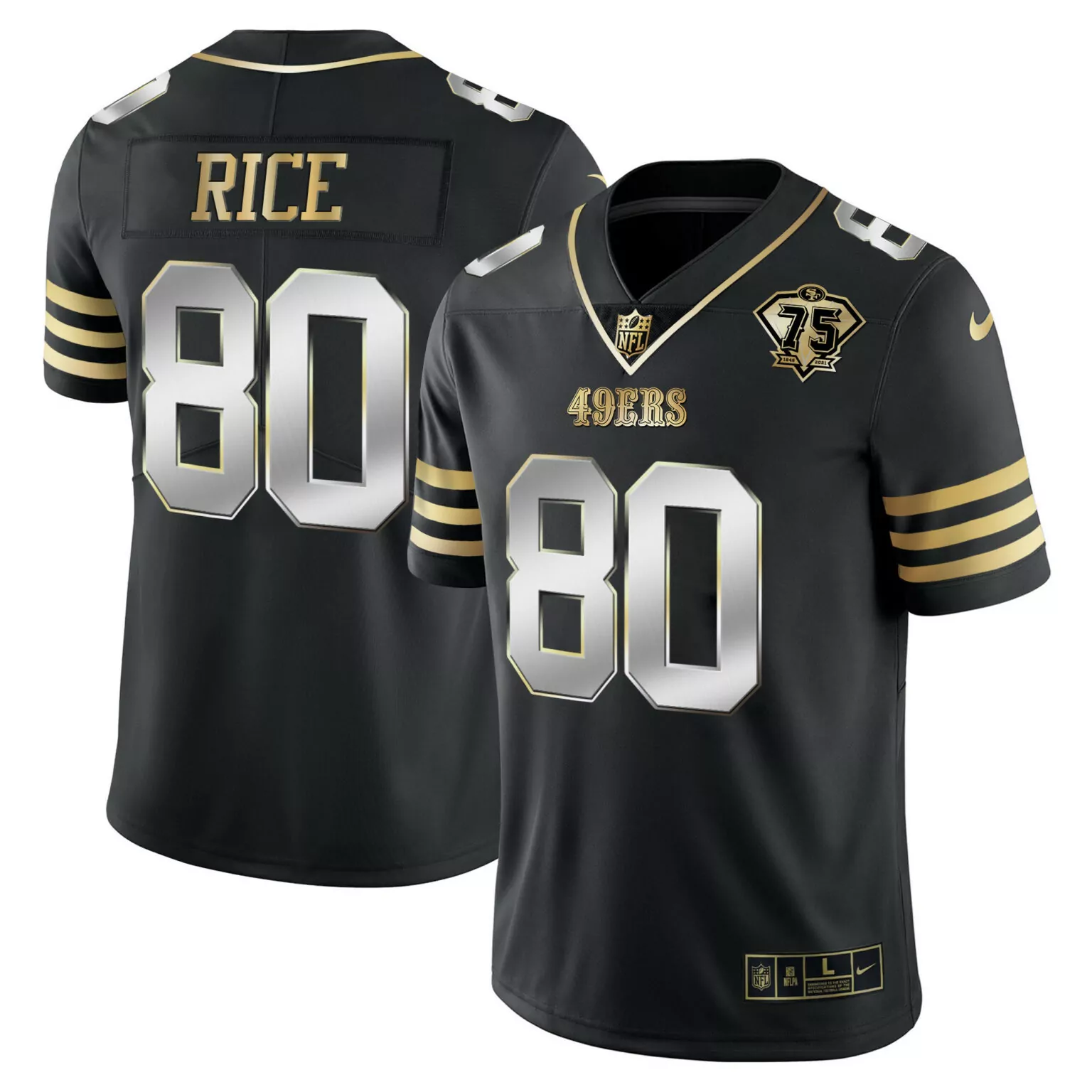 Jerry Rice 80 49ERS Jersey Black 75th Anniversary 1946-2021 Men Gold Silver Vapor