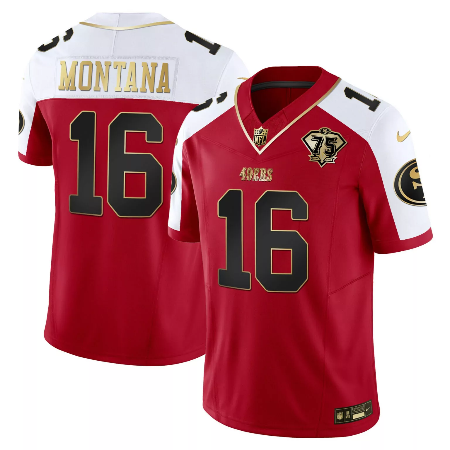Joe Montana 16 49ERS Jersey Red 75th Anniversary Men Alternate White Gold Vapor All