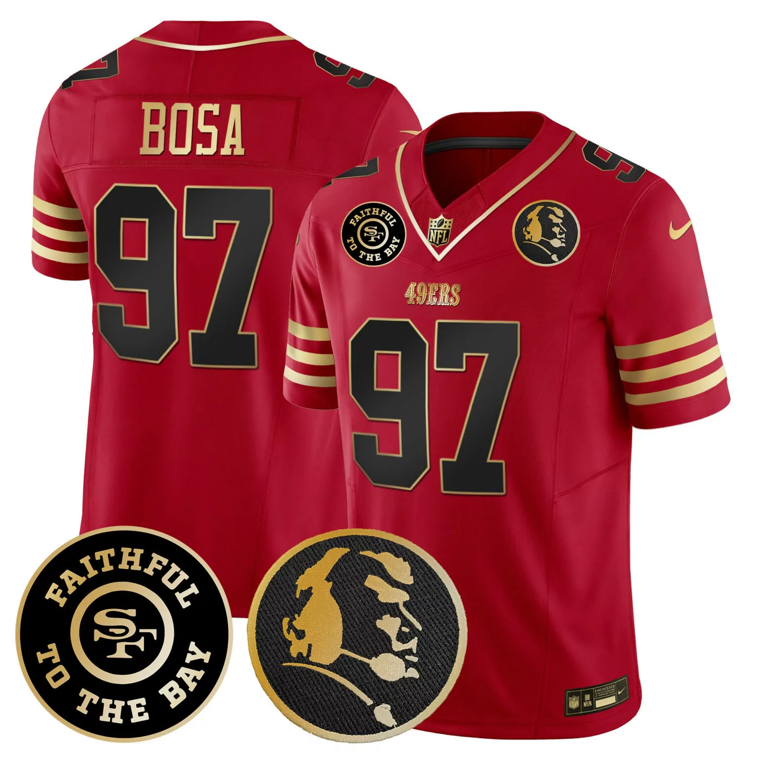 Nick Bosa 97 49ERS Jersey Red Faithful To The Bay 2023 Men Gold Black All Stitched
