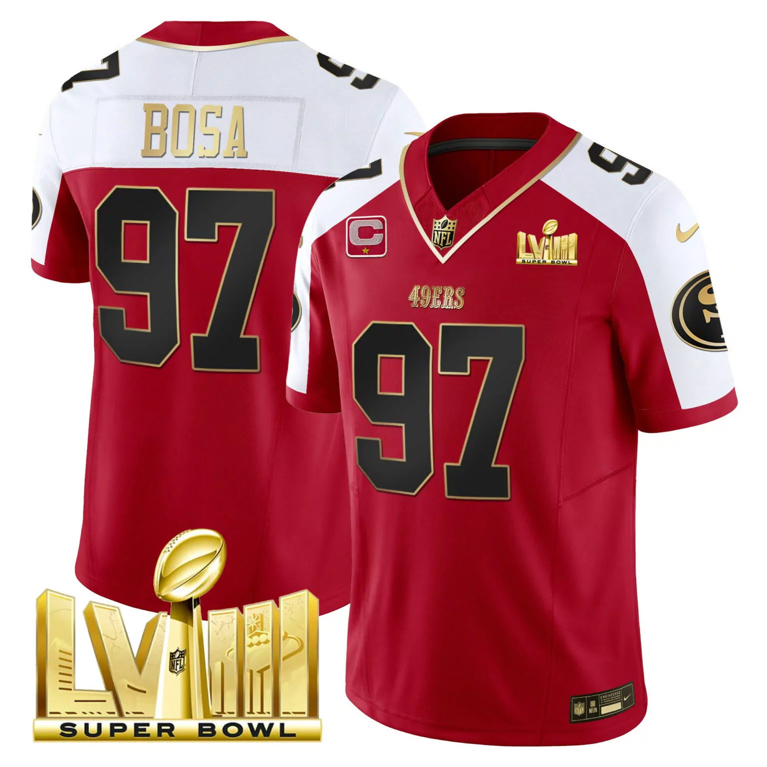 Nick Bosa 97 49ERS Jersey Red Super Bowl Lviii Men White Black Gold Alternate All
