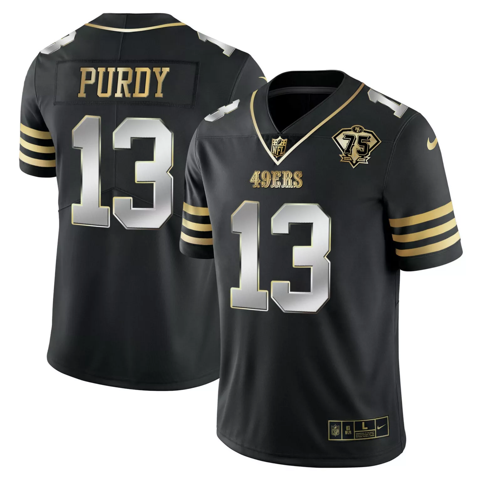 Brock Purdy 13 49ERS Jersey Black 75th Anniversary Men Gold Silver Vapor All Stitched
