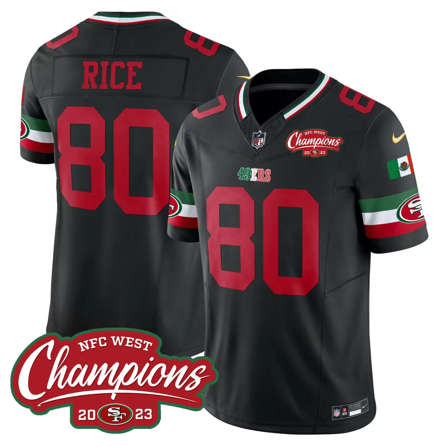 Jerry Rice 80 49ERS Jersey Black Mexico NFC West Champions 2023 Men Red White Green