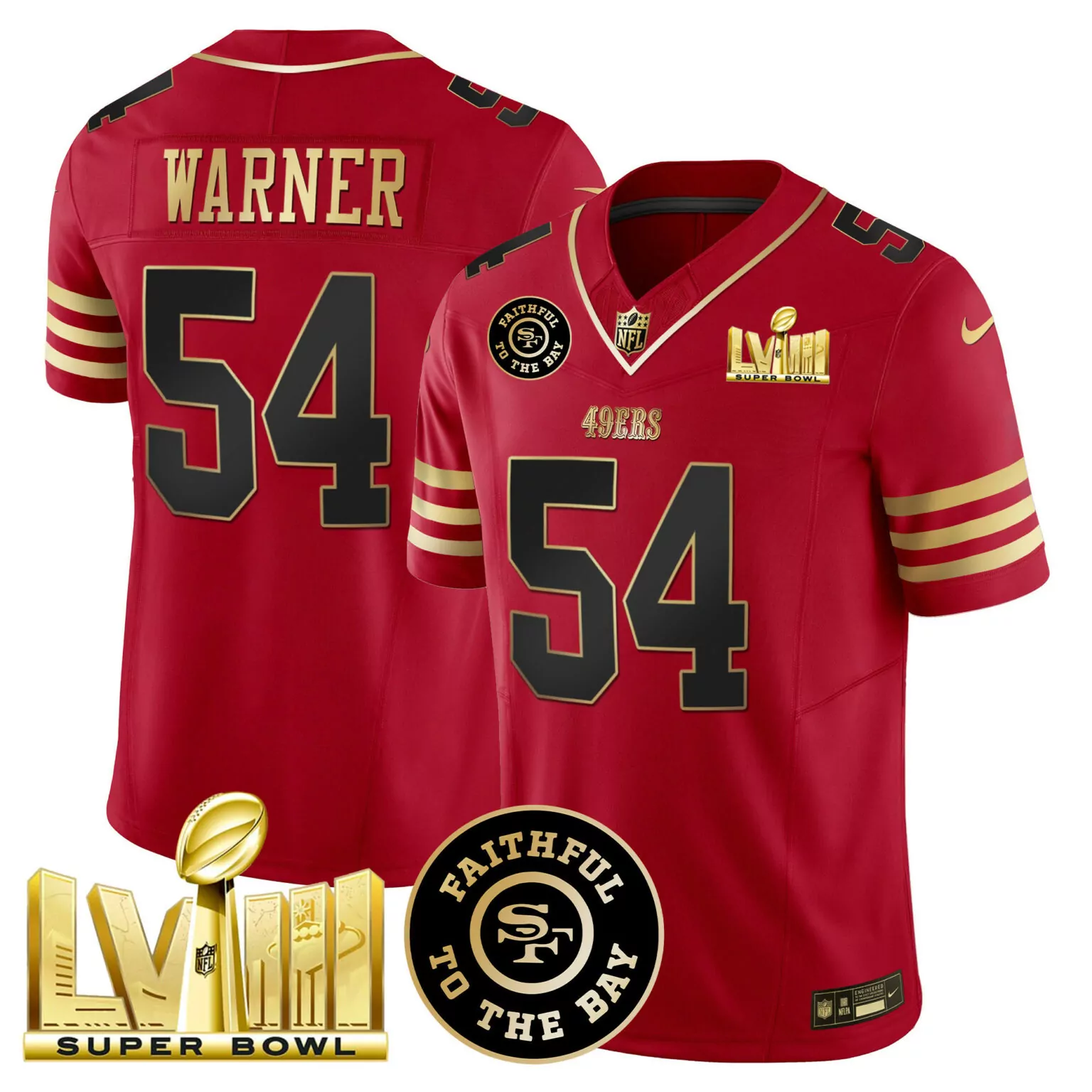 Fred Warner 54 49ERS Jersey Red Super Bowl Lviii Faithful To Bay Men Game Gold Black