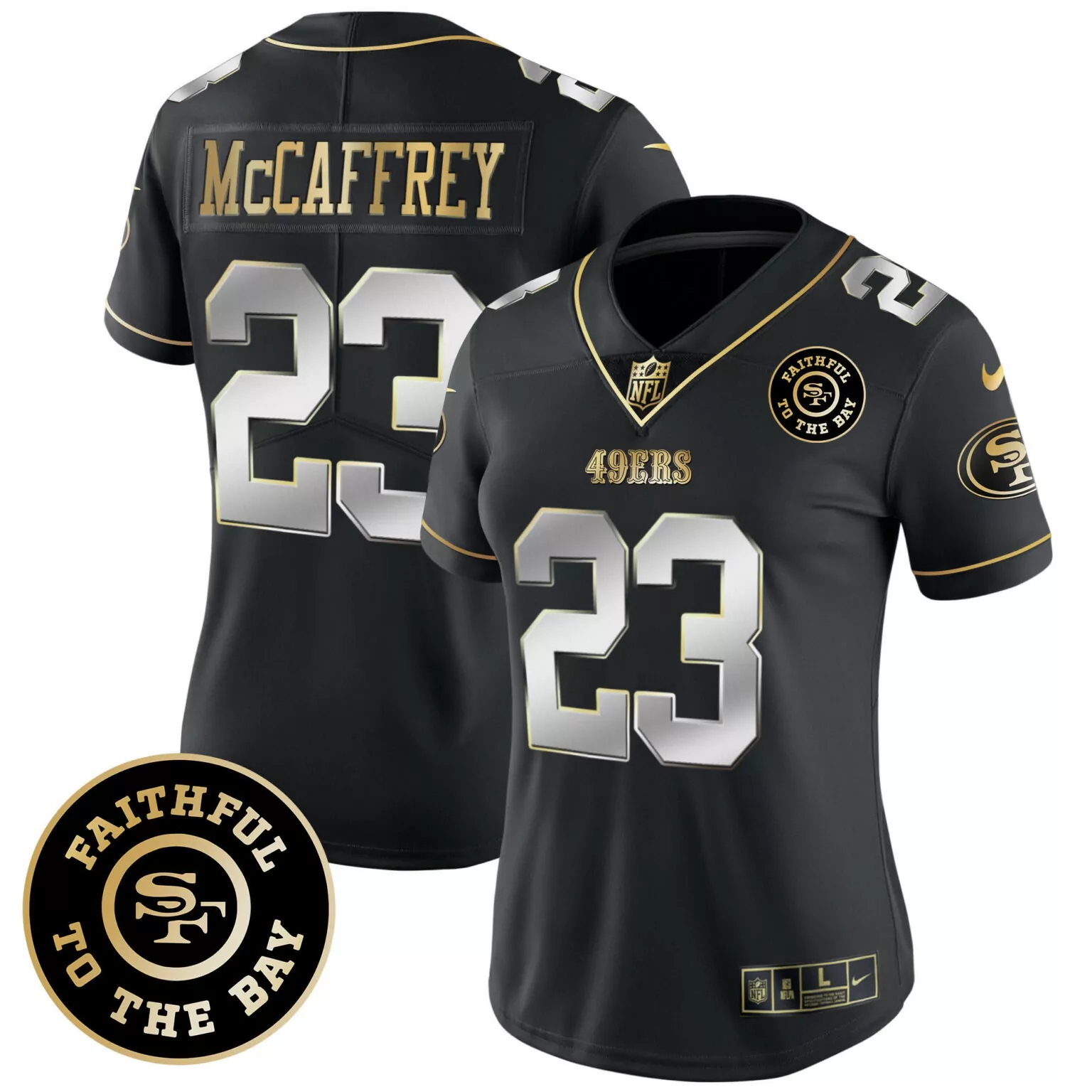 Christian Mccaffrey 23 49ERS Jersey Black Faithful To The Bay Women Replica Gold