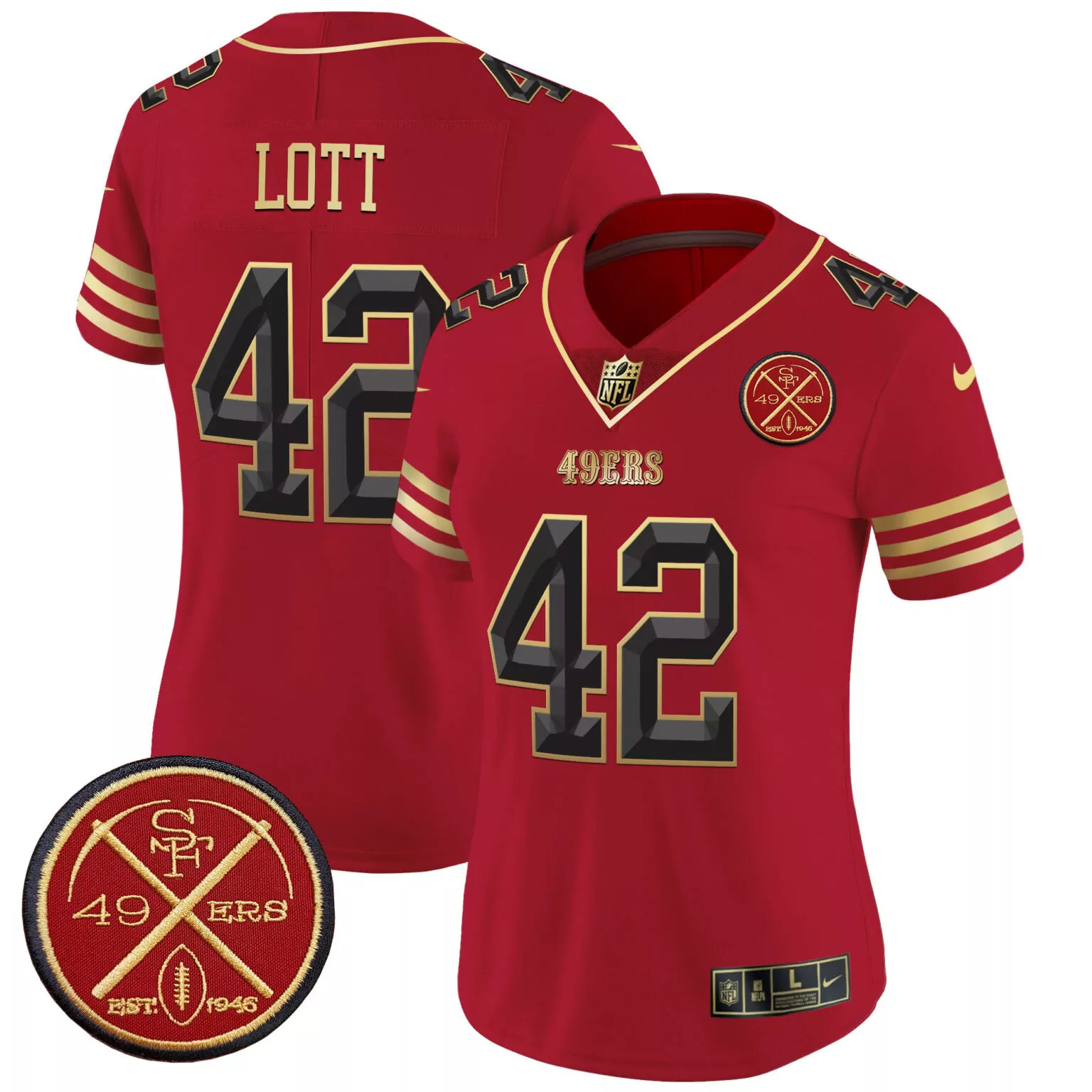 Ronnie Lott 42 49ERS Jersey Red Circular Men Gold Black v2 All Stitched