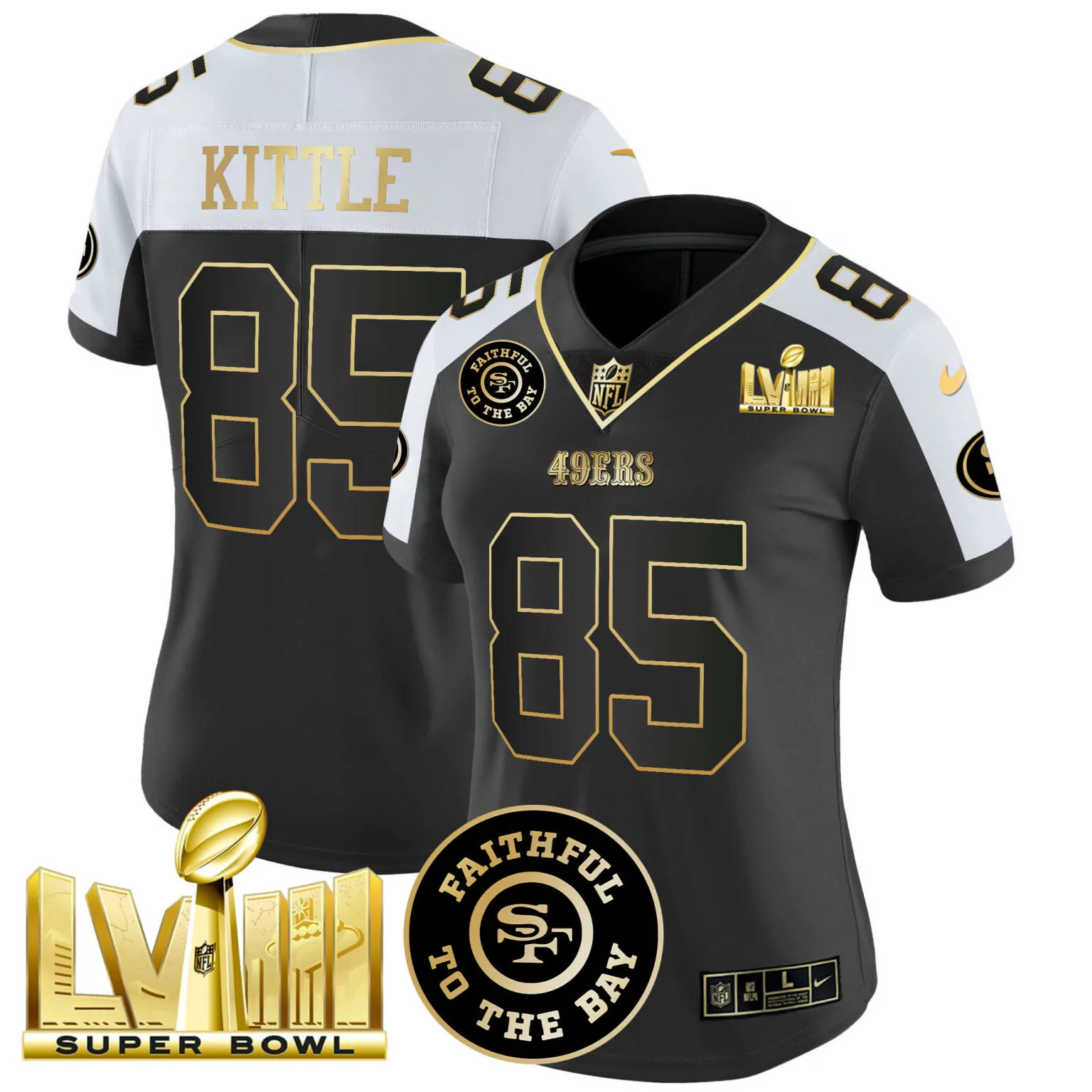 George Kittle 85 49ERS Jersey Black Super Bowl Lviii Men Player Alternate Split Design
