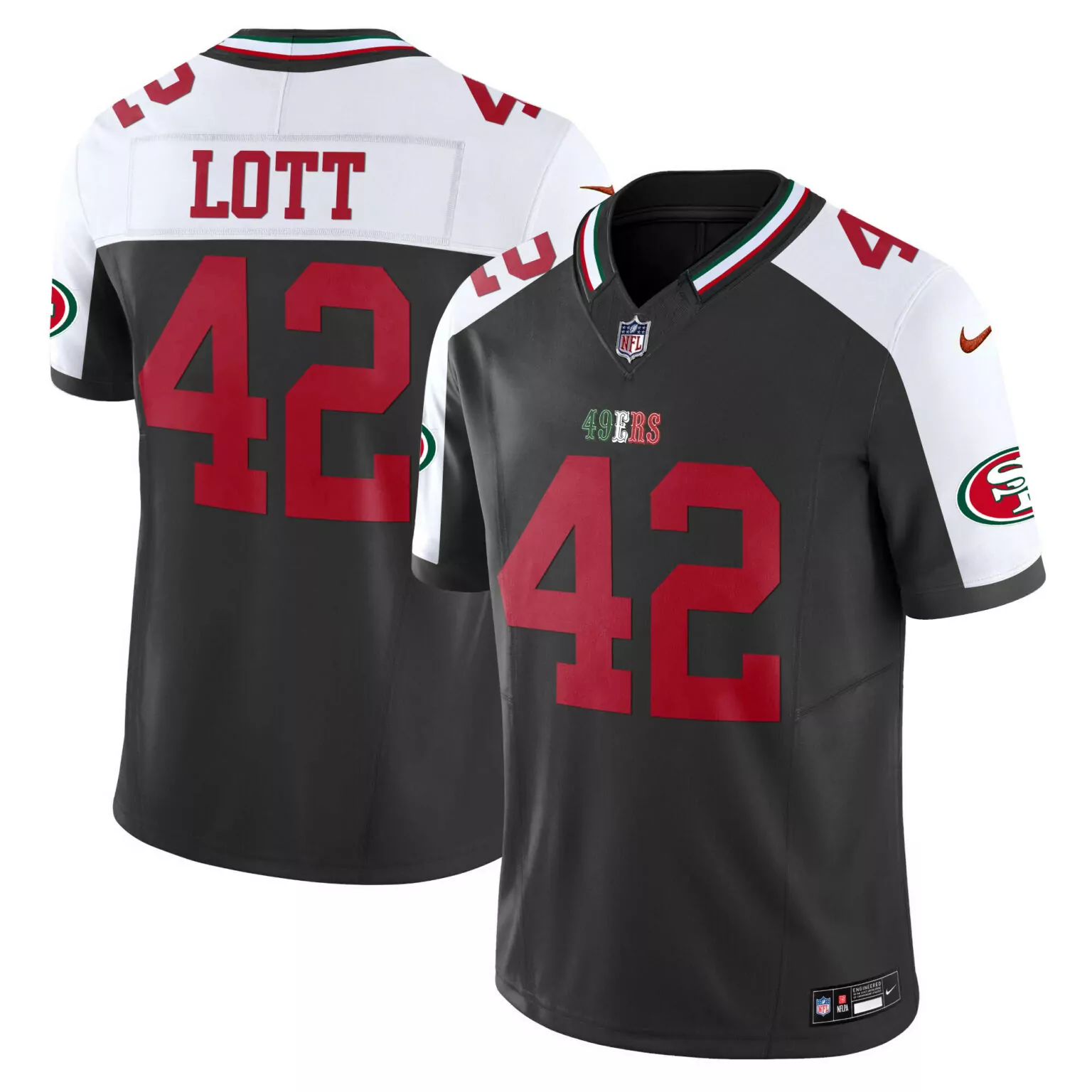 Ronnie Lott 42 49ERS Jersey Black Men Red White Alternate v2 All Stitched