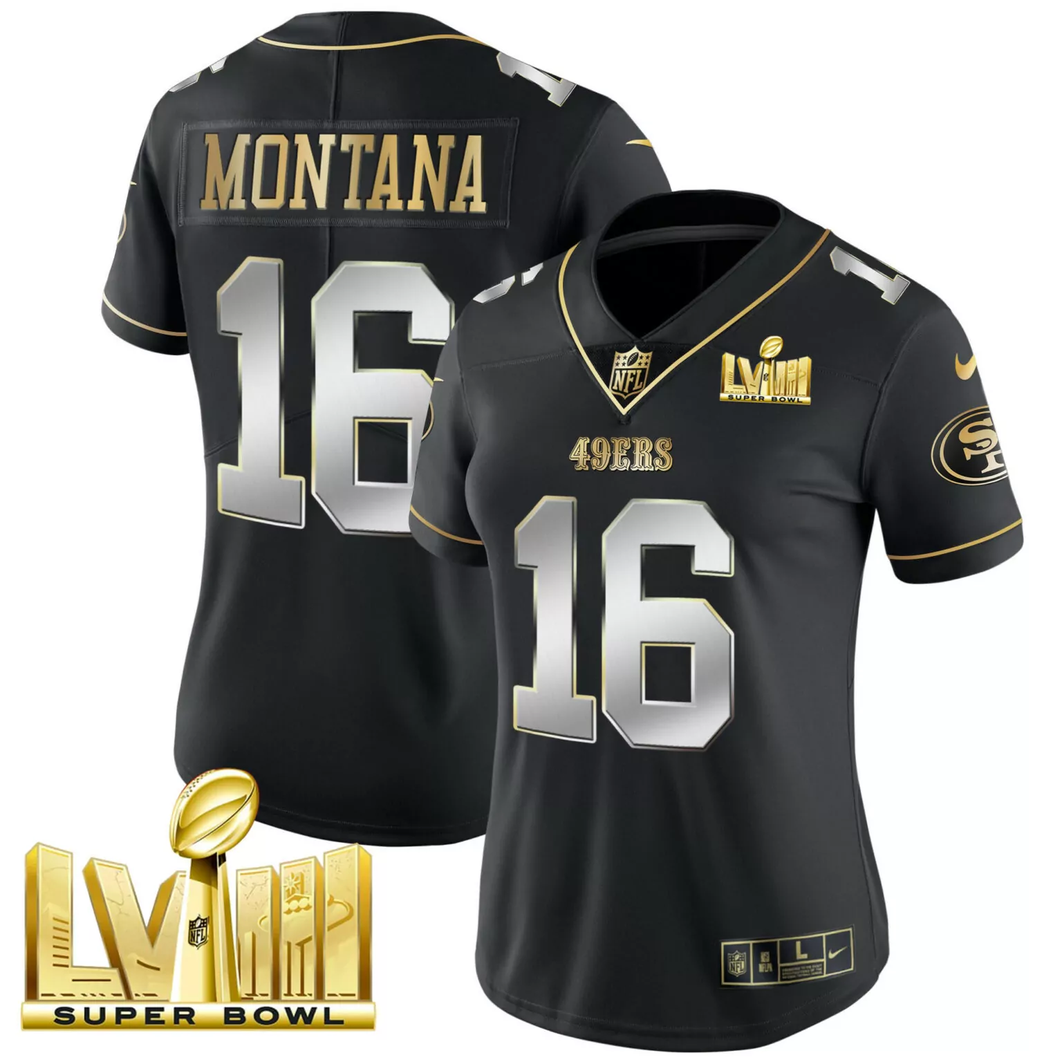 Joe Montana 16 49ERS Jersey Black Super Bowl Lviii Women Game Gold Silver All Stitched