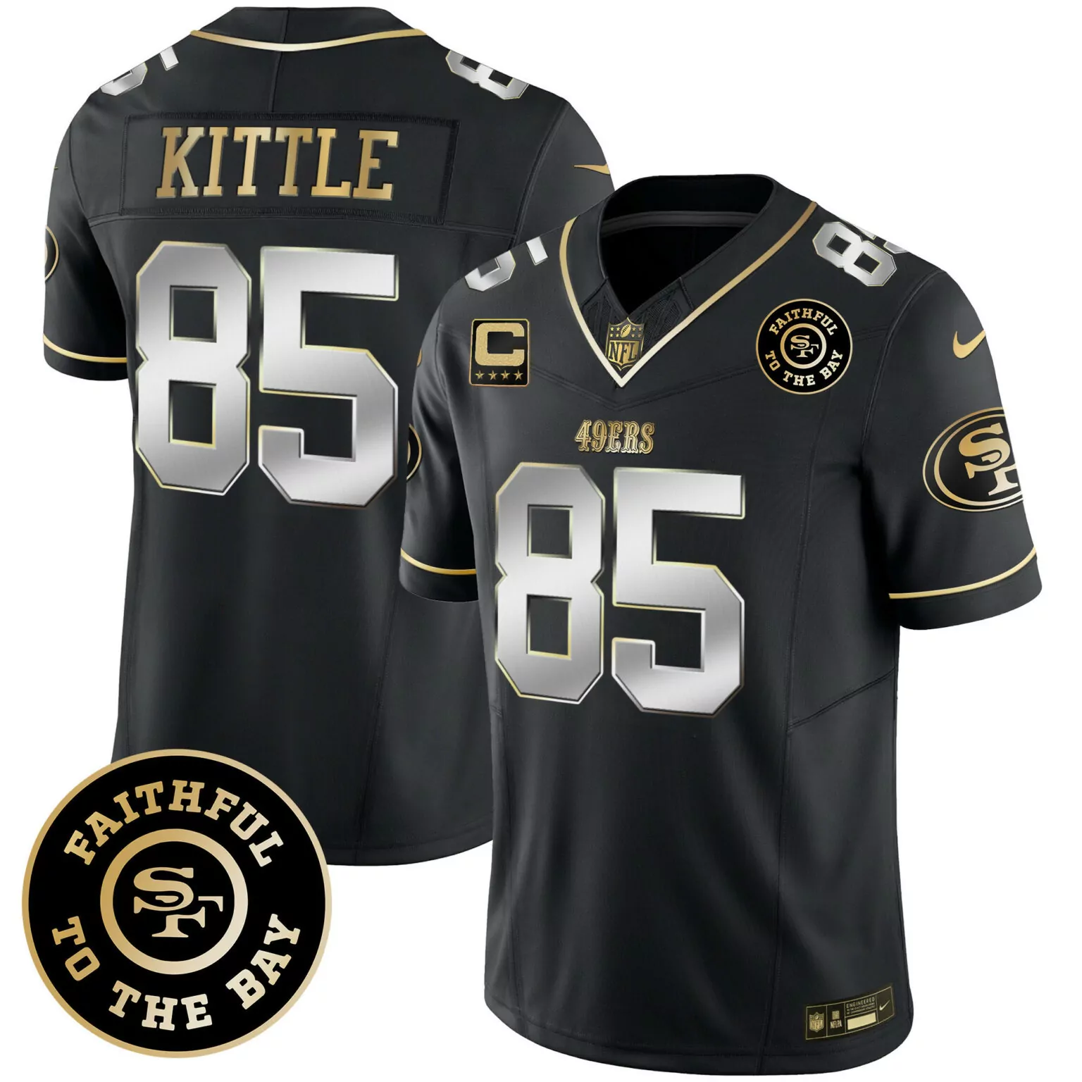 George Kittle 85 49ERS Jersey Black Faithful To Bay Men Gold Silver v4 All Stitched