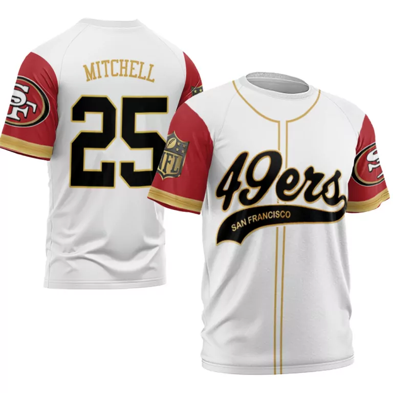 Mitchell 25 San Francisco 49ers Jersey White Men Red Gold Cool Base Limited