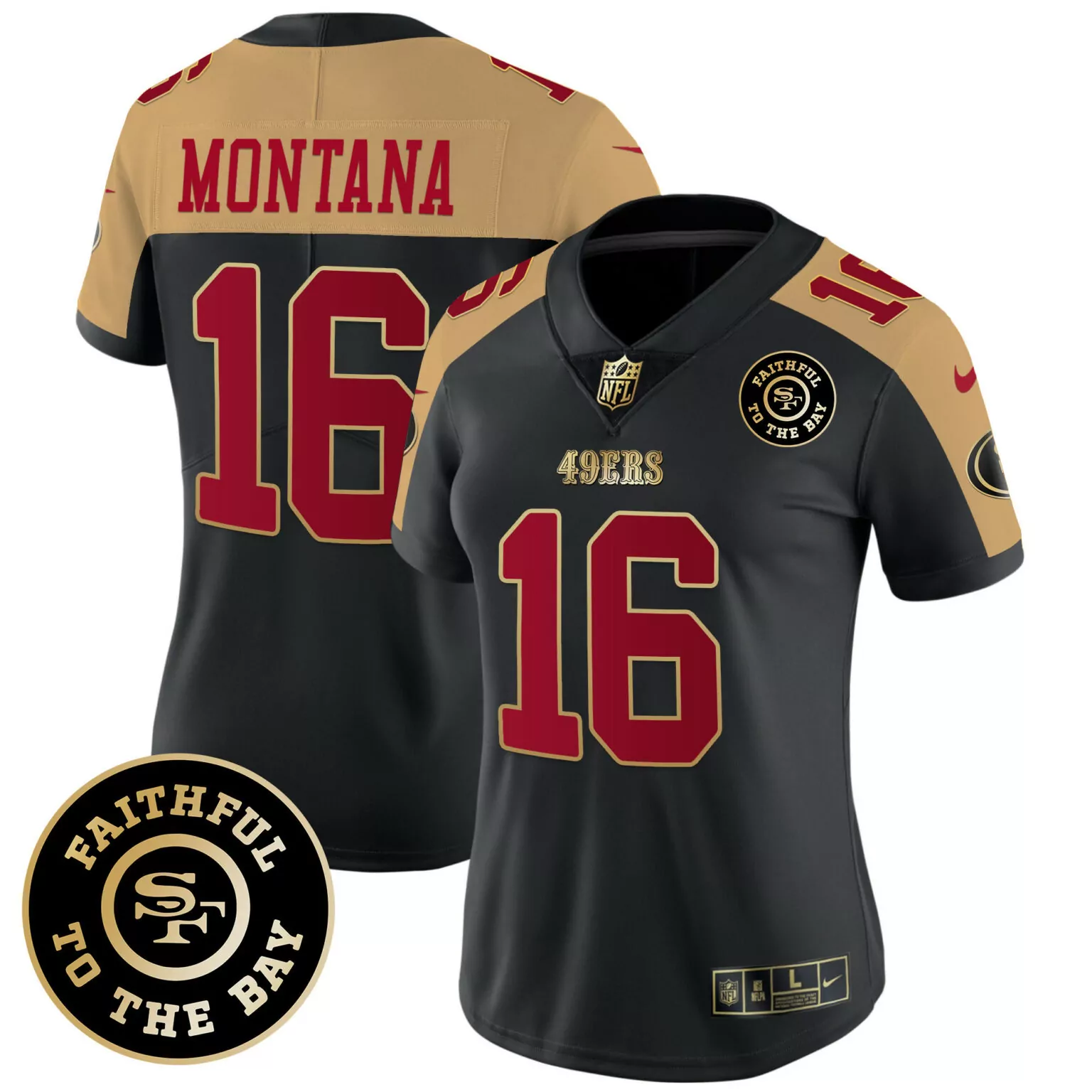 Joe Montana 16 49ERS Jersey Black Faithful To The Bay Nflpa Replica Alternate Gold
