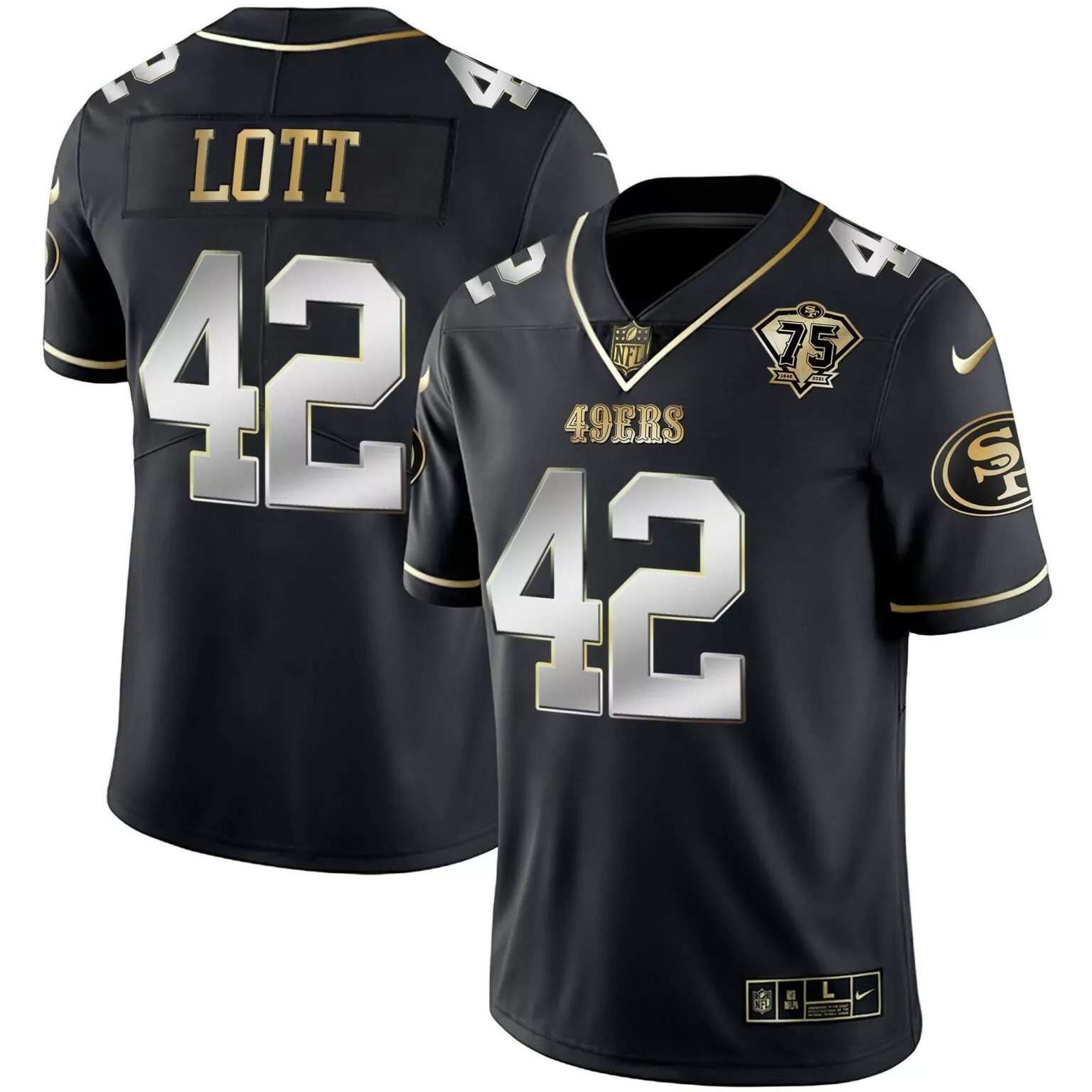 Ronnie Lott 42 49ERS Jersey Black 75th Anniversary Men Replica Gold Silver Vapor