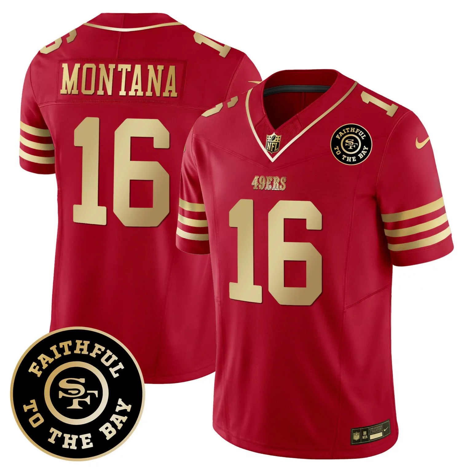 Joe Montana 16 49ERS Jersey Red Faithful To The Bay 2023 Men Player Gold All Stitched