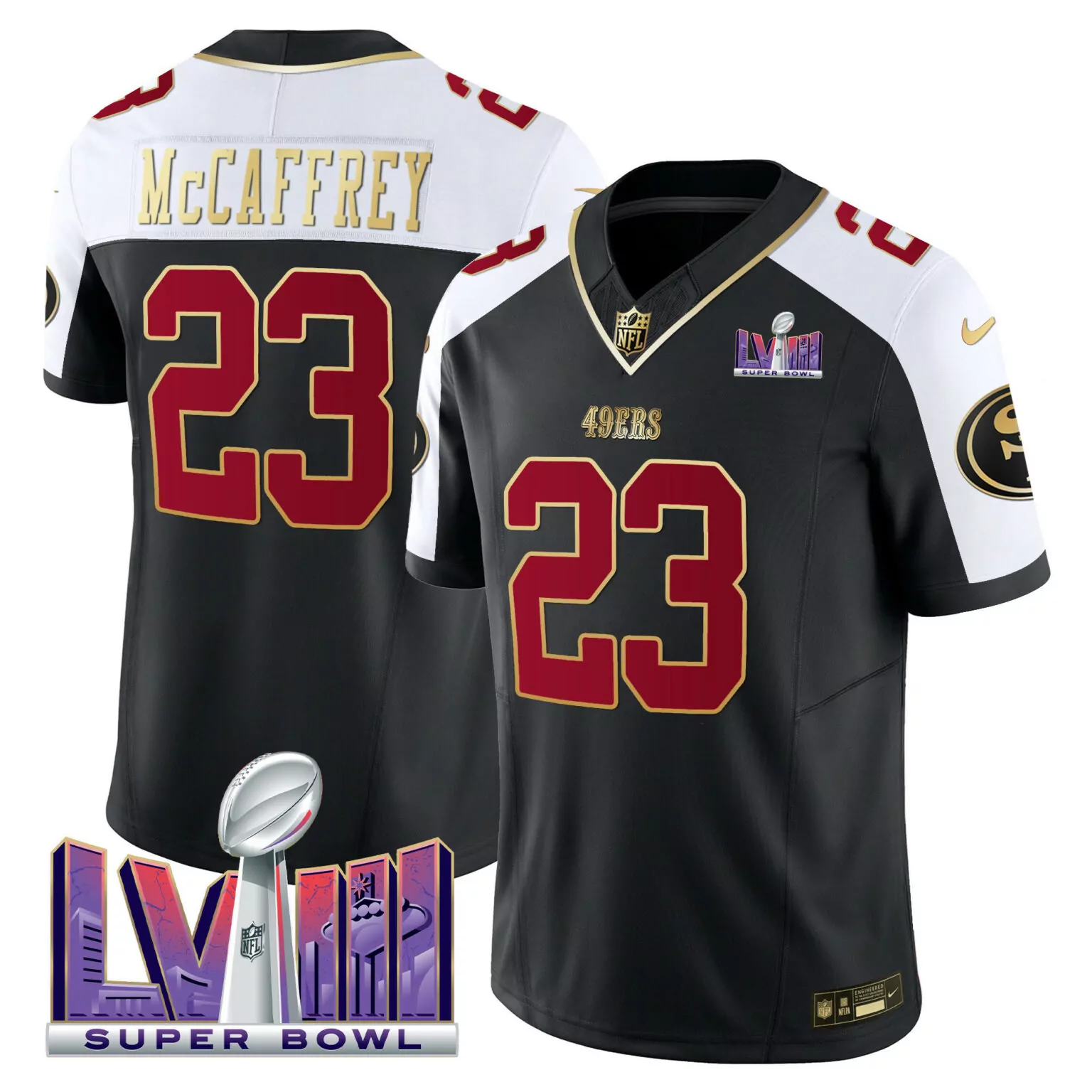 Christian Mccaffrey 23 49ERS Jersey Black Super Bowl Lviii Men Alternate Split Design