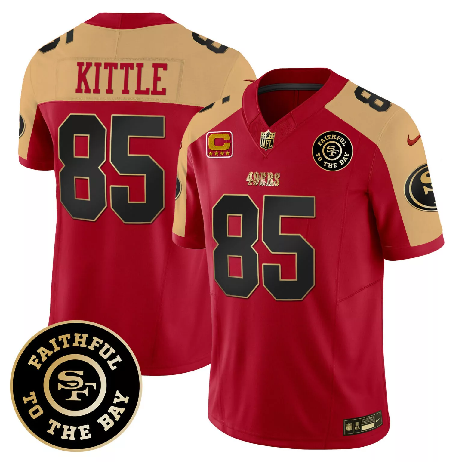 George Kittle 85 49ERS Jersey Red Faithful To Bay Men Split Gold Alternate All Stitched