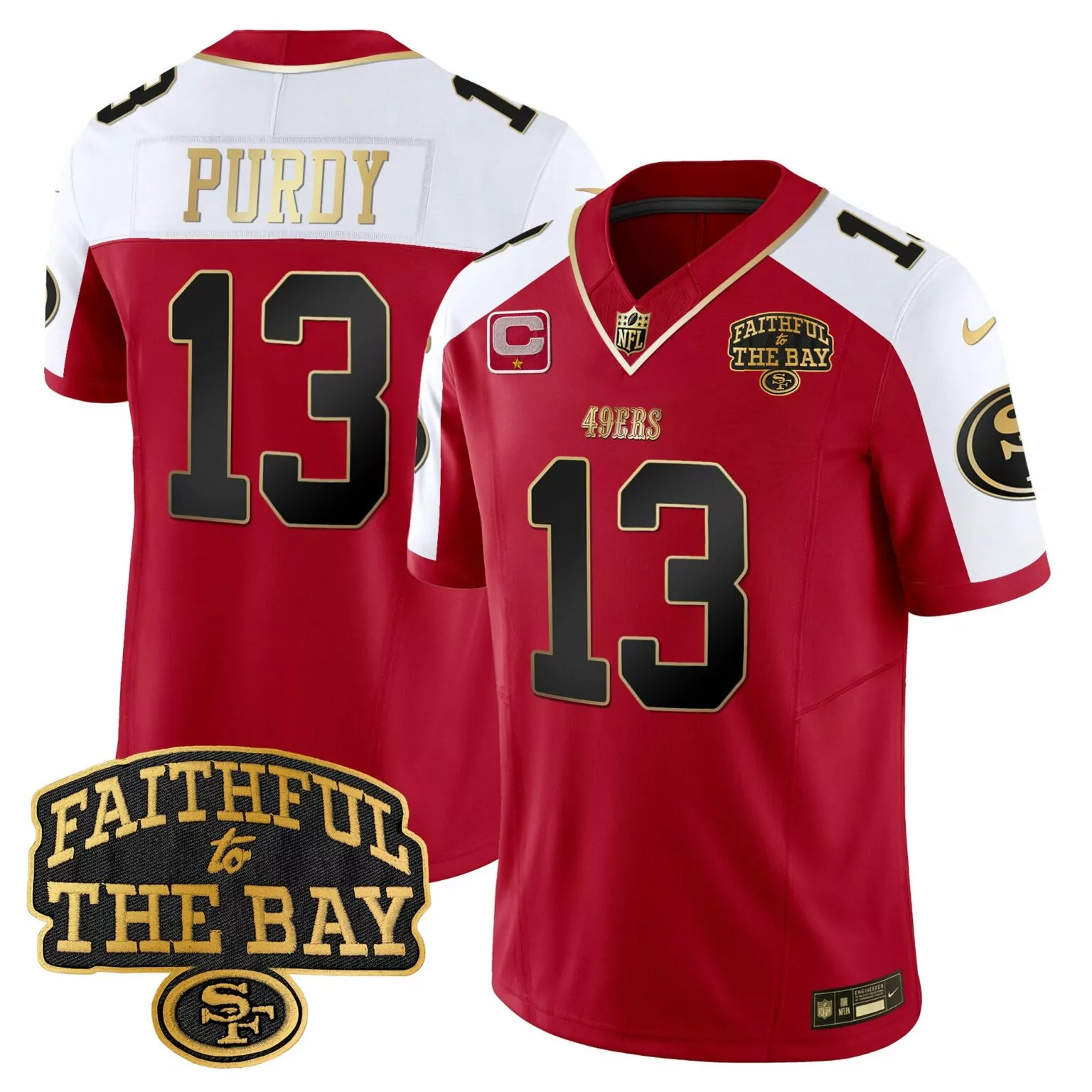Brock Purdy 13 49ERS Jersey Red Faithful To Bay Men Authentic White Gold Alternate