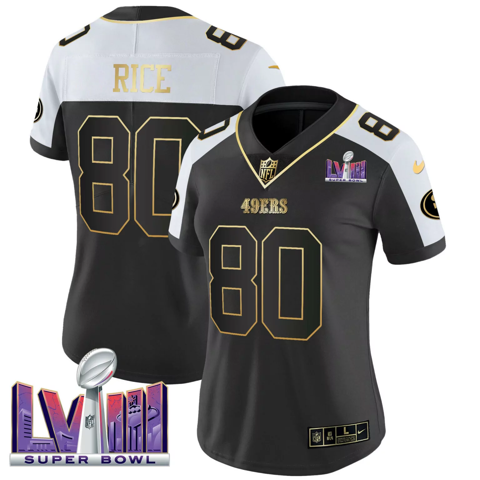Jerry Rice 80 49ERS Jersey Black Super Bowl Lviii Men Split Design White Gold Alternate