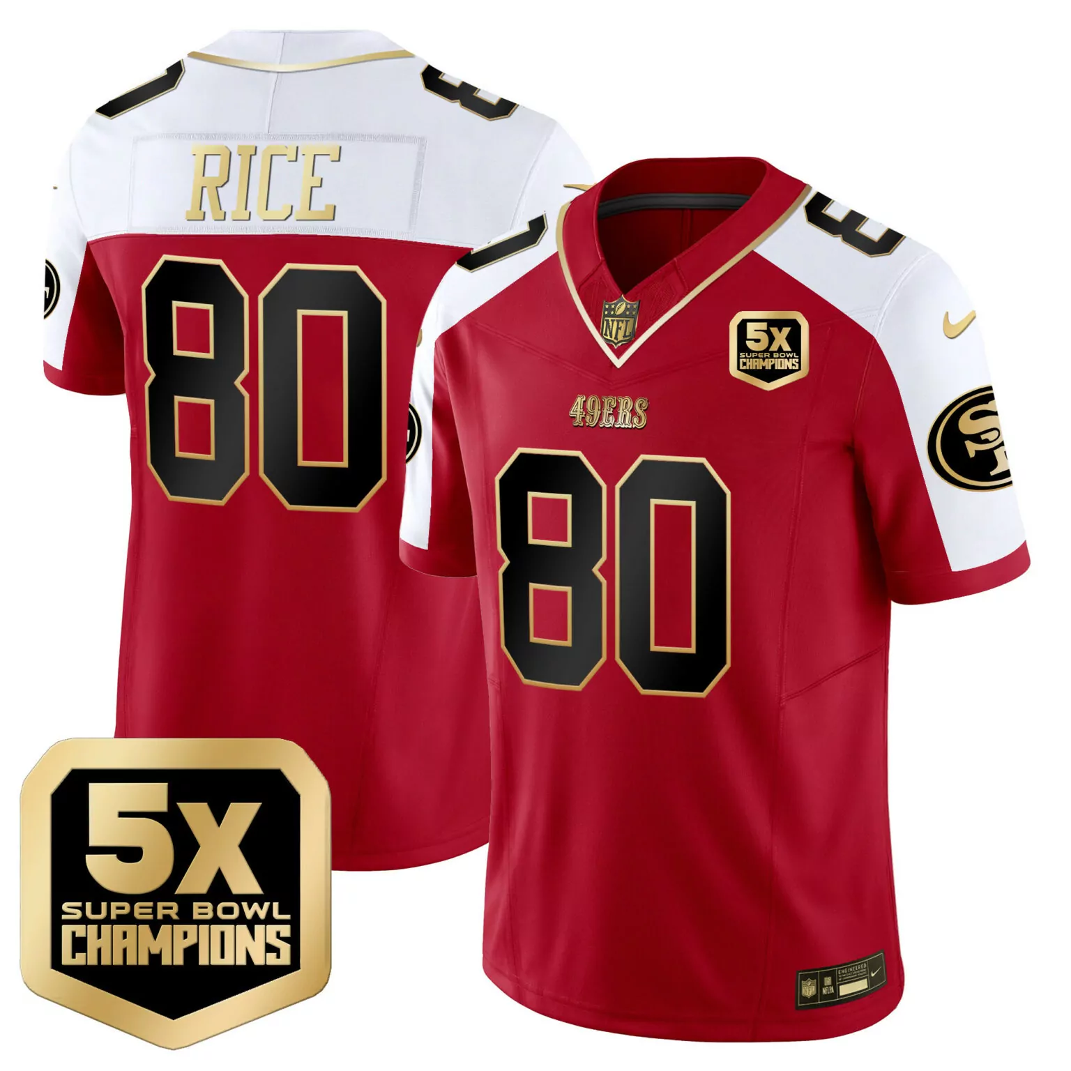 Jerry Rice 80 49ERS Jersey Red Super Bowl Liv 5X Champions 2020 Men White Gold Alternate