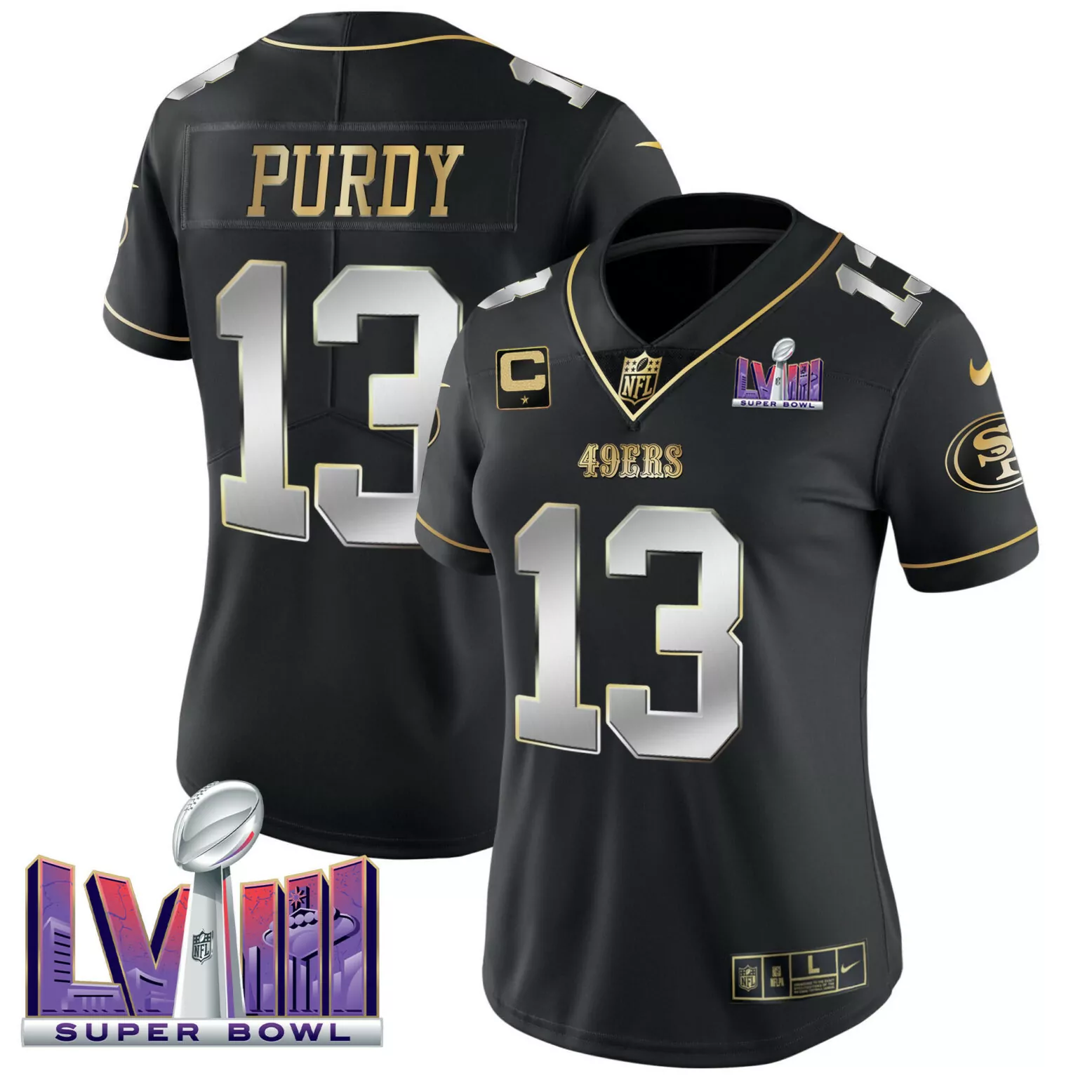 Brock Purdy 13 49ERS Jersey Black Super Bowl Lviii Men Gold Silver All Stitched