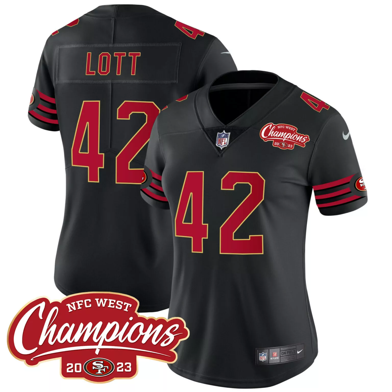 Ronnie Lott 42 Jersey Black San Francisco 49ers NFC West Champions 2023 Men Player