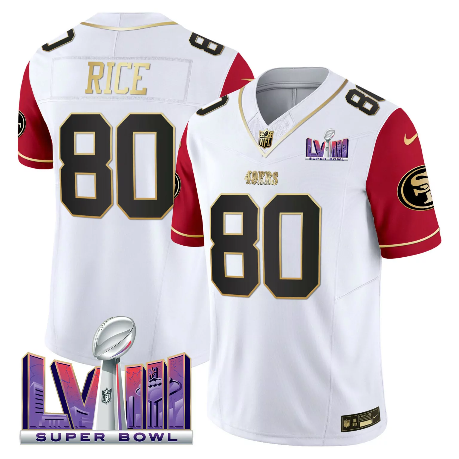Jerry Rice 80 49ERS Jersey White Super Bowl Lviii 2023 Men NFL Split Red Gold v2