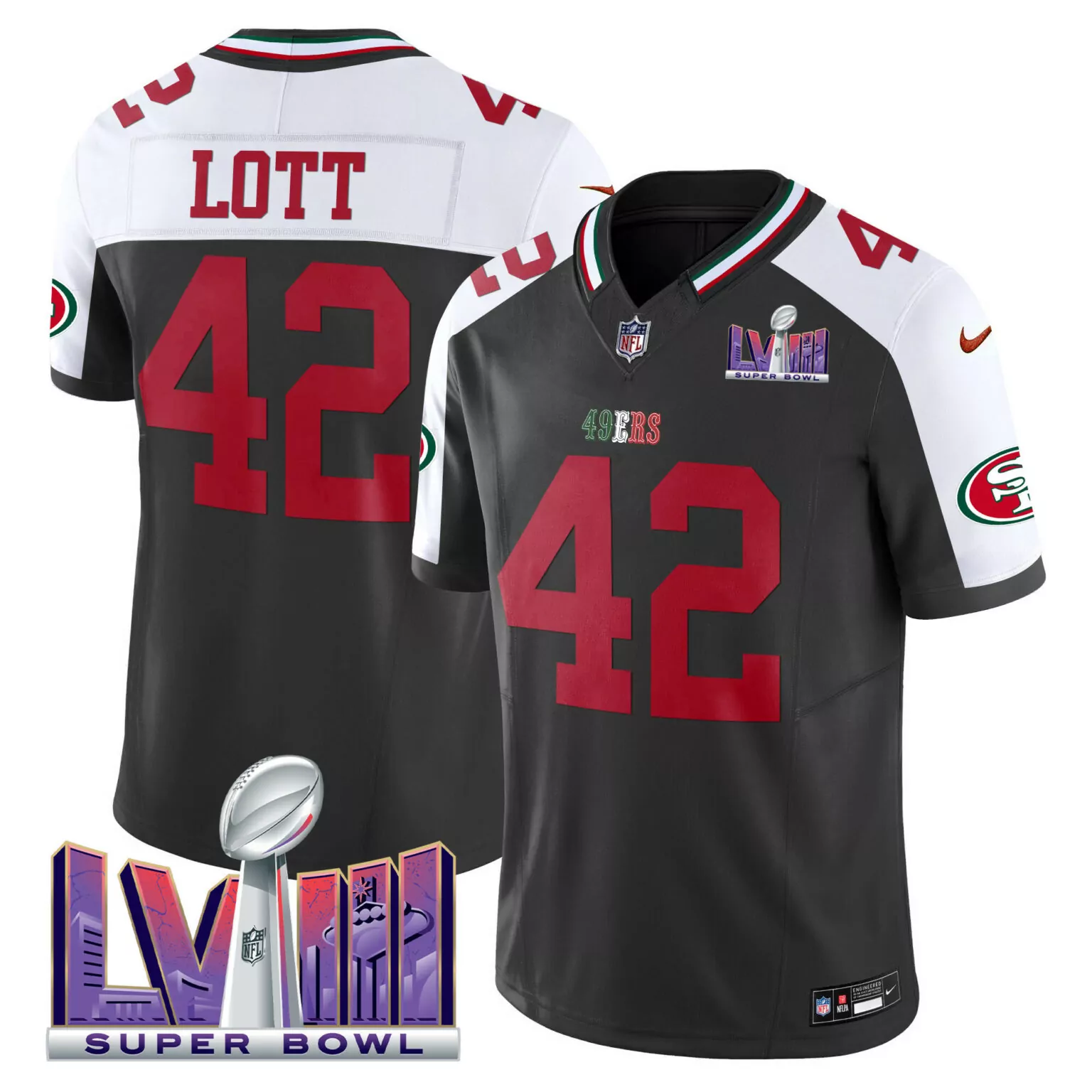 Ronnie Lott 42 49ERS Jersey Black Super Bowl Lviii Men Split Design White Red All