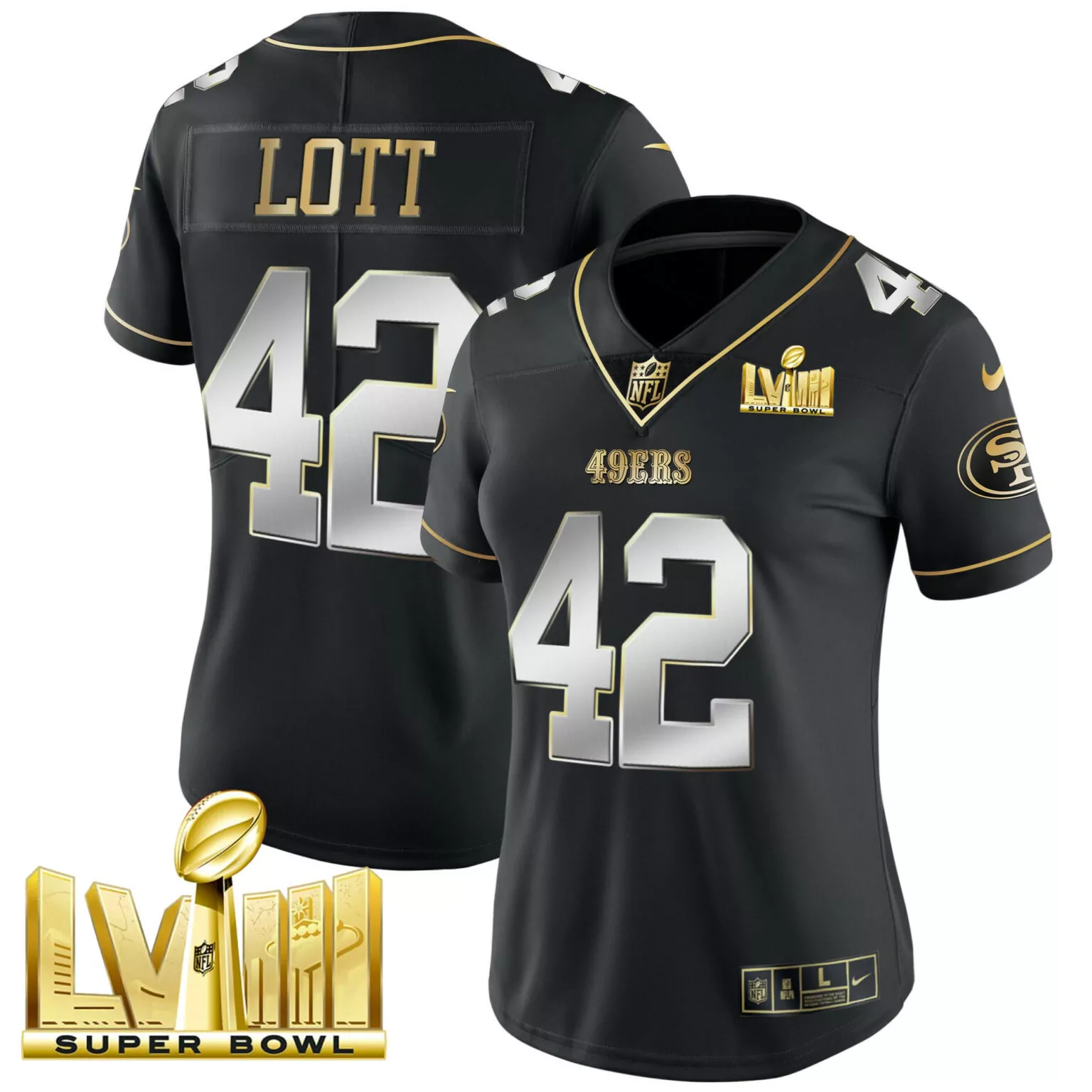 Ronnie Lott 42 49ERS Jersey Black Super Bowl Lviii Men NFL Gold Silver All Stitched