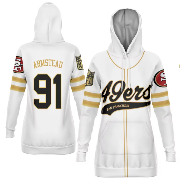 Armstead 91 San Francisco 49ers Jersey White Women Hoodie Gold Black Cool Base Limited