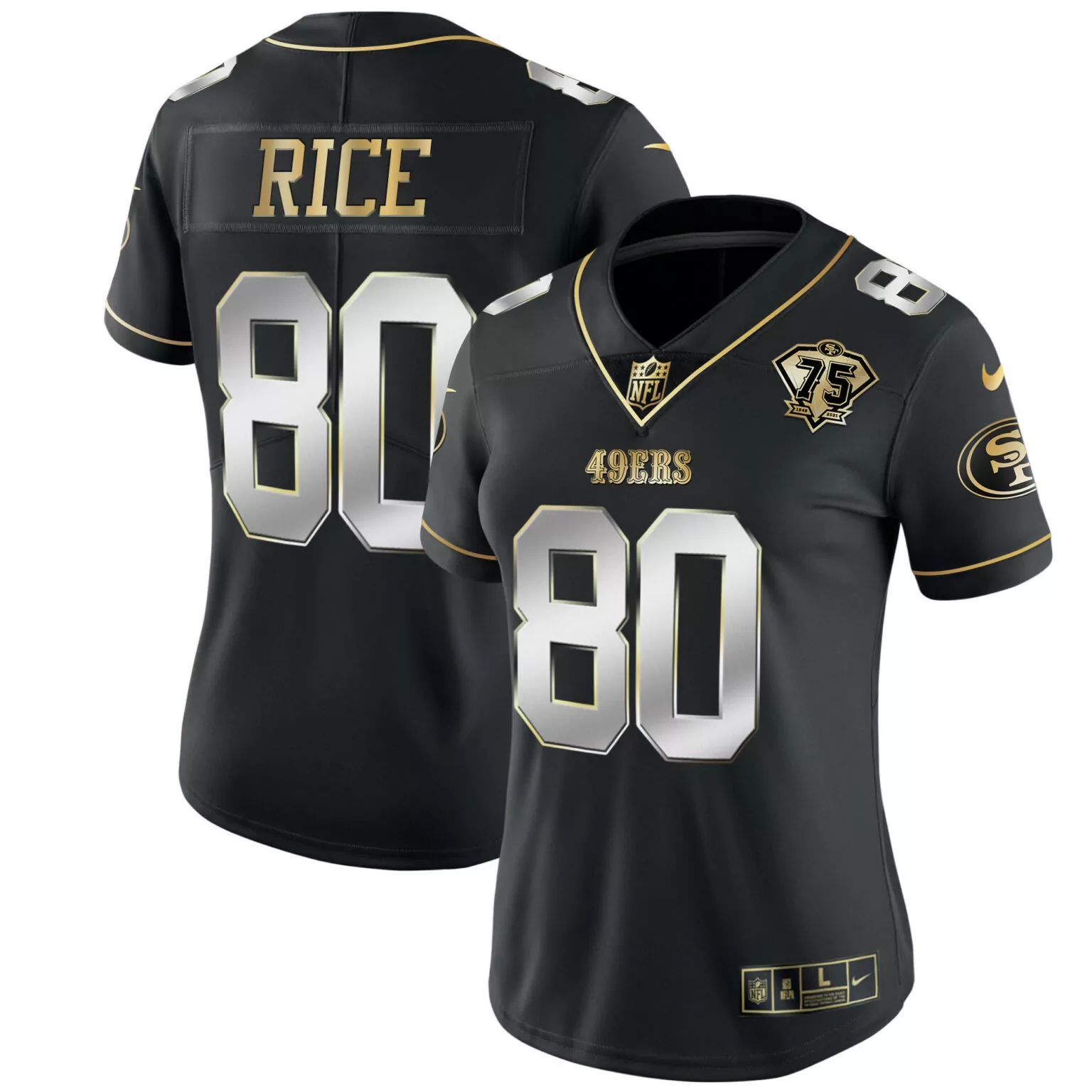Jerry Rice 80 49ERS Jersey Black 75th Anniversary Women Gold Silver Vapor All Stitched