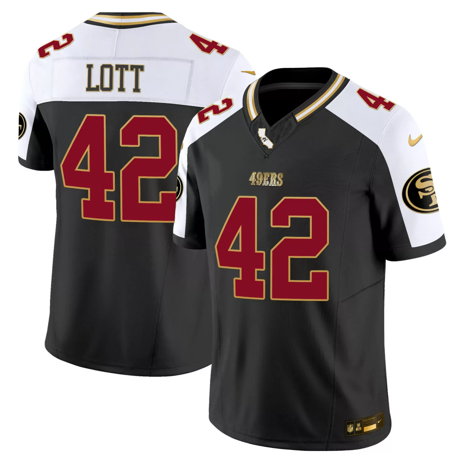 Ronnie Lott 42 49ERS Jersey Black Nflpa Men Player Alternate Split Design White Gold