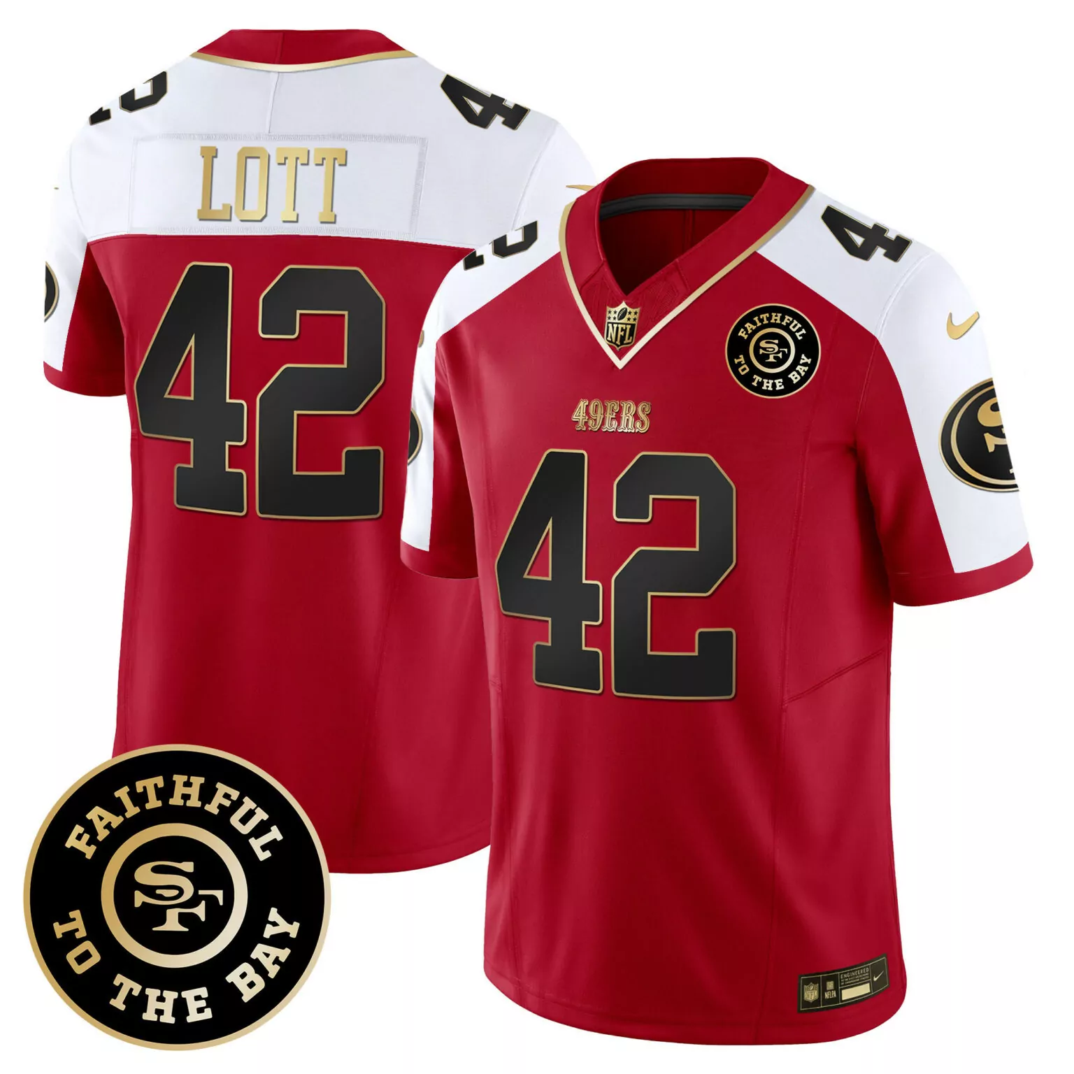 Ronnie Lott 42 49ERS Jersey Red "faithful To Bay" Men White Gold Black Alternate