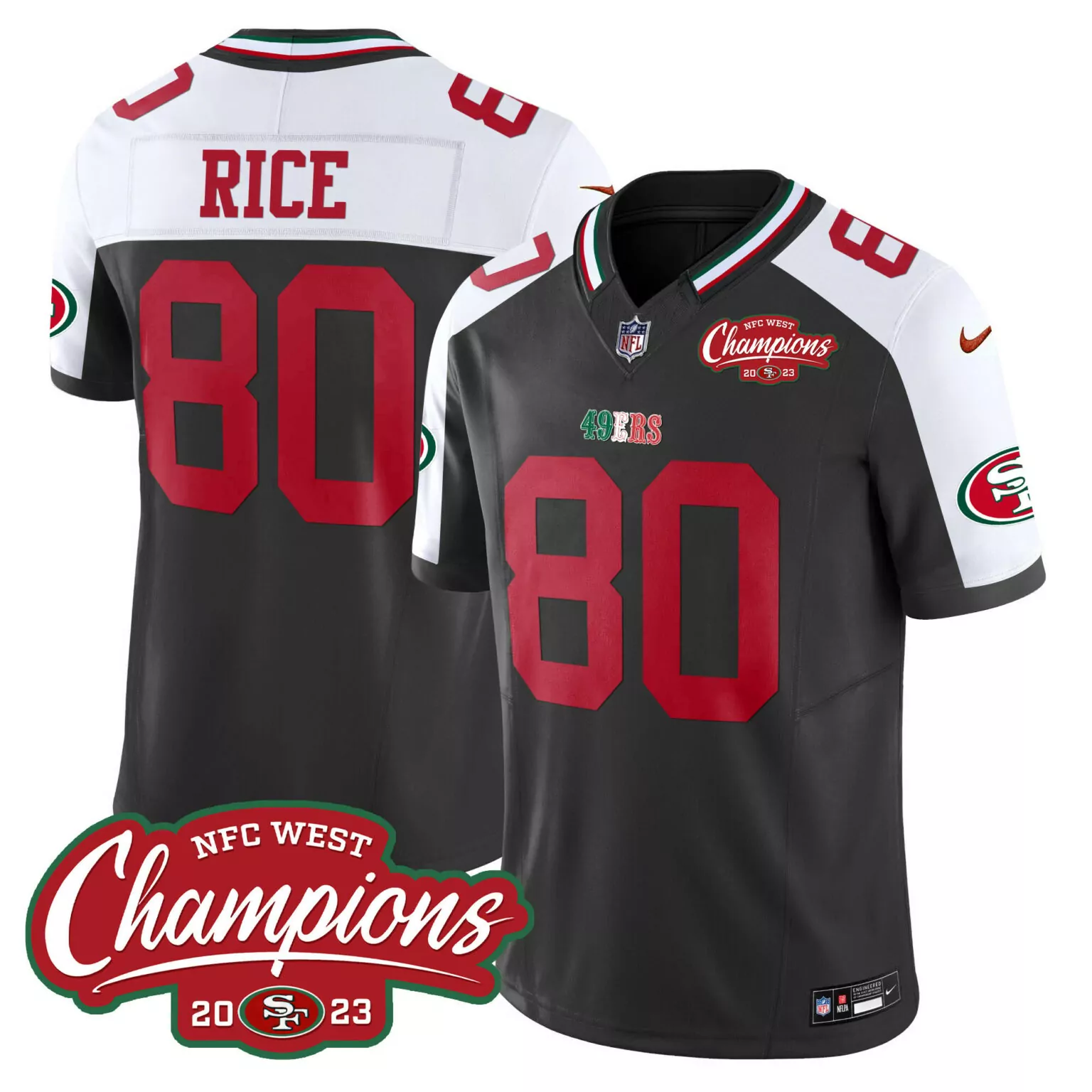 Jerry Rice 80 49ERS Jersey Black NFC West Champions 2023 Men Replica Red White Green