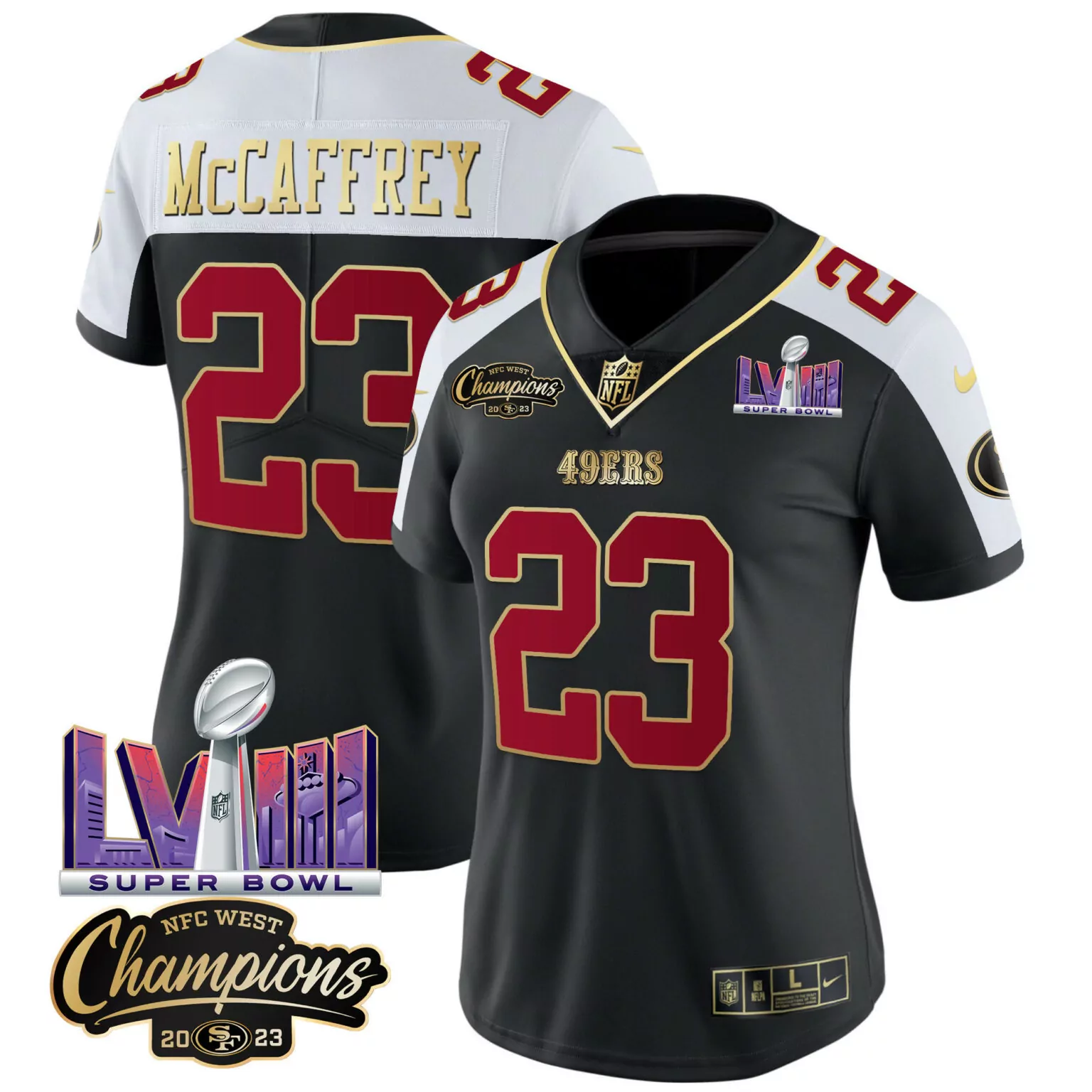 Christian Mccaffrey 23 49ERS Jersey Black Super Bowl Lviii NFC West Champions 2023