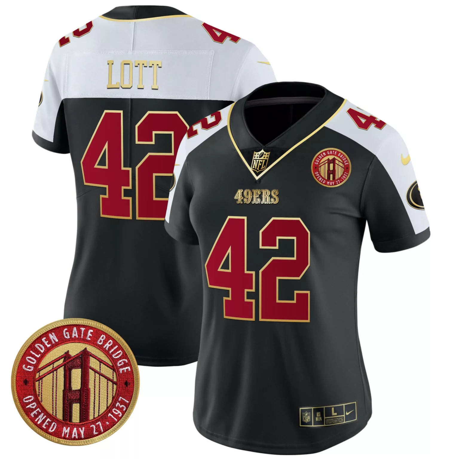 Ronnie Lott 42 49ERS Jersey Black Golden Gate Bridge Men Alternate Split Design White