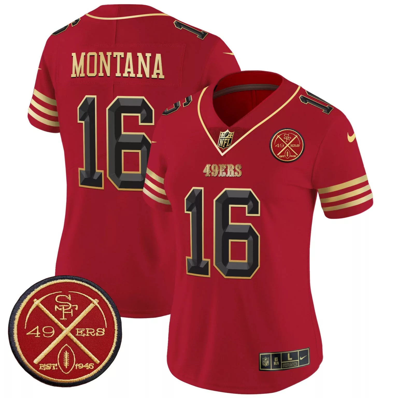 Joe Montana 16 49ERS Jersey Red 1946 Men Standard Gold v2 All Stitched