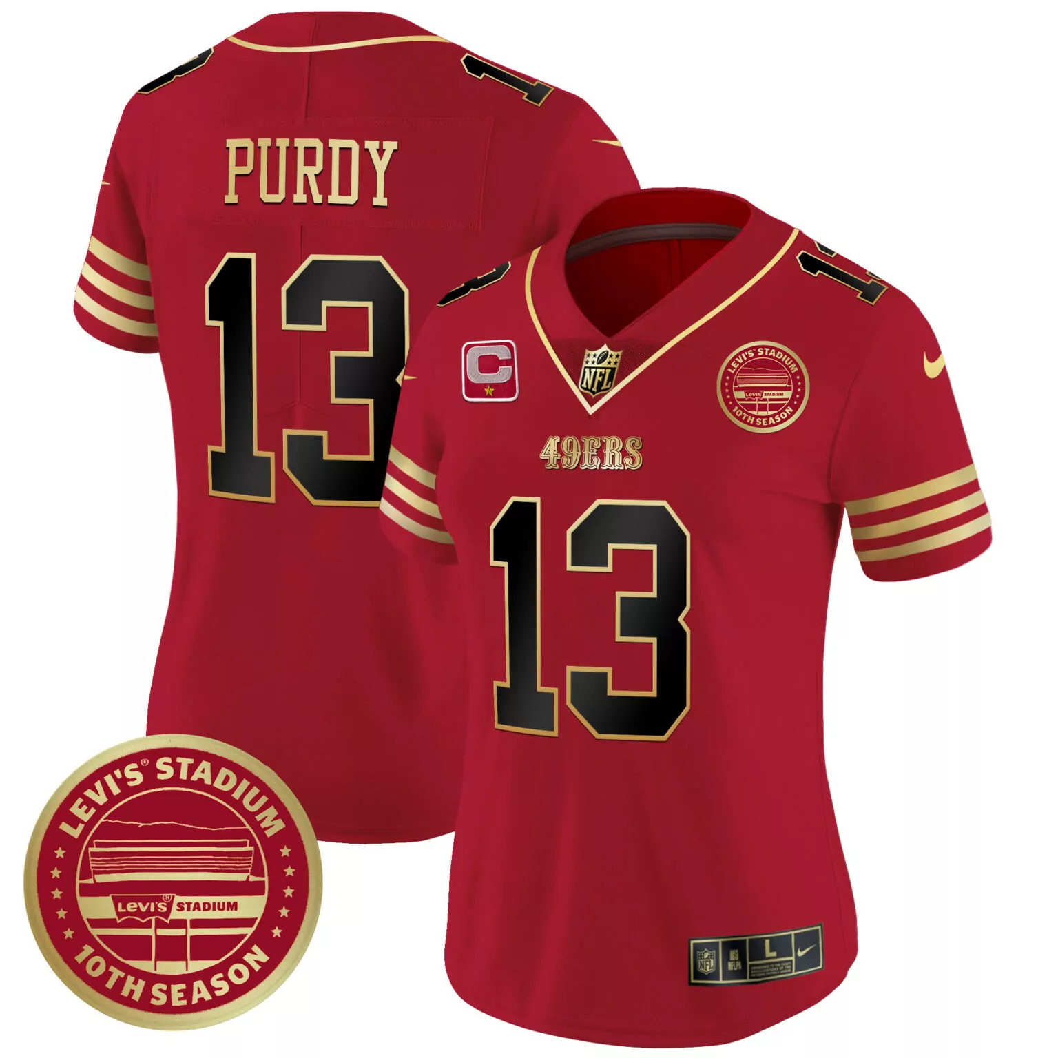 Brock Purdy 13 49ERS Jersey Red Levi's Stadium 10th Season Men Replica Black Gold
