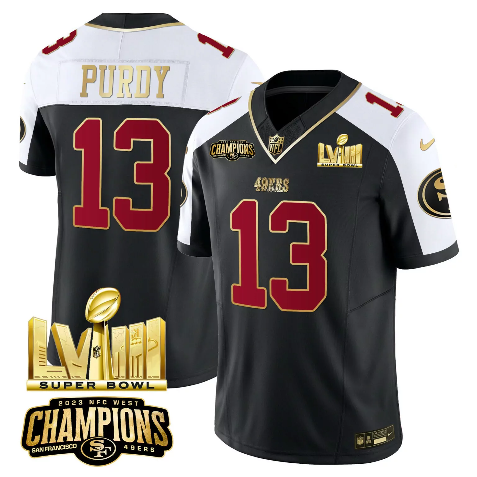 Brock Purdy 13 49ERS Jersey Black Super Bowl Lviii 2023 NFC West Champions Men Player