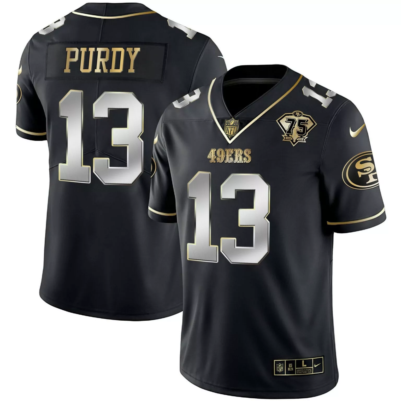 Brock Purdy 13 49ERS Jersey Black 75th Anniversary Men Player Gold Silver Vapor Collection