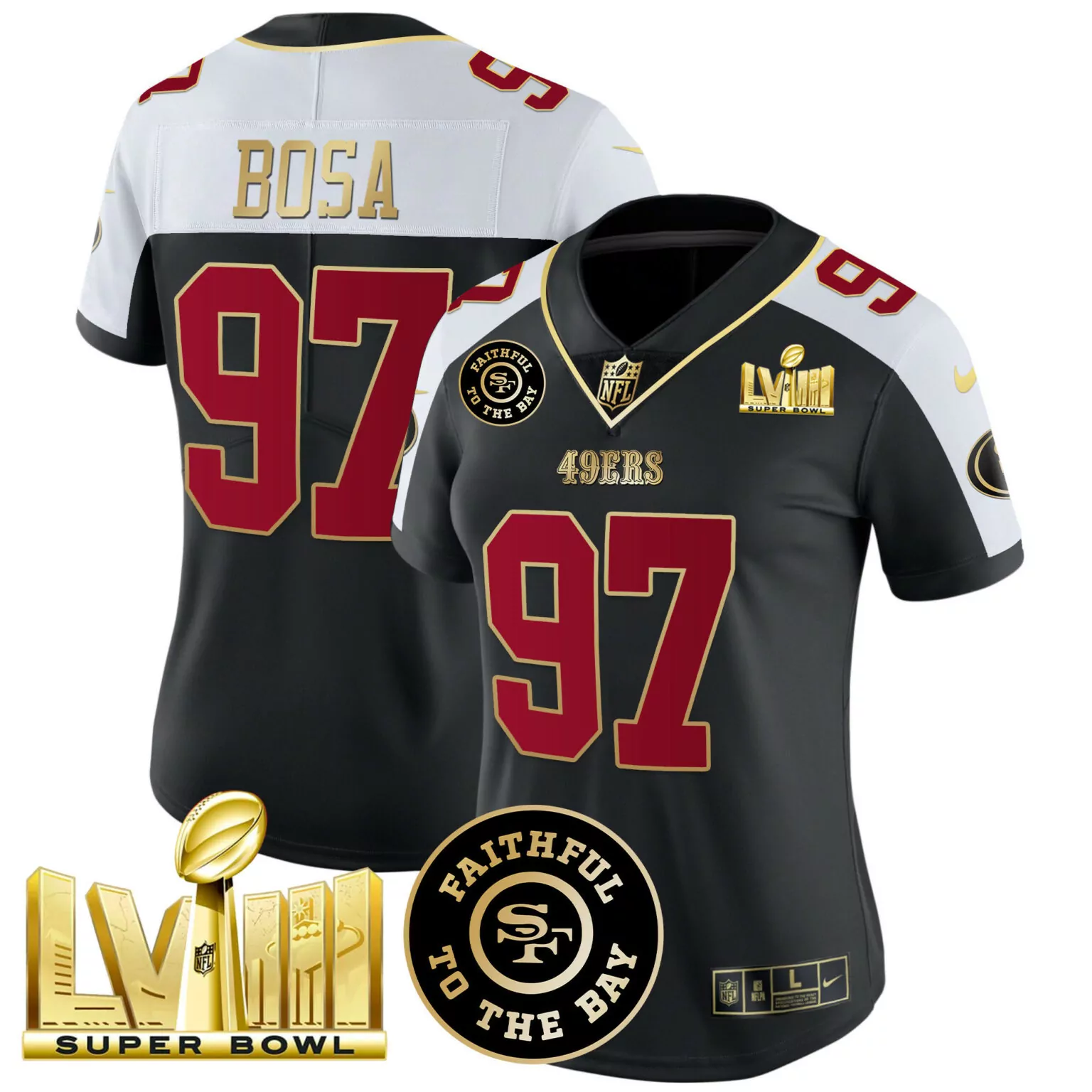 Nick Bosa 97 49ERS Jersey Black Super Bowl Lvii Men Player White Red Gold Alternate
